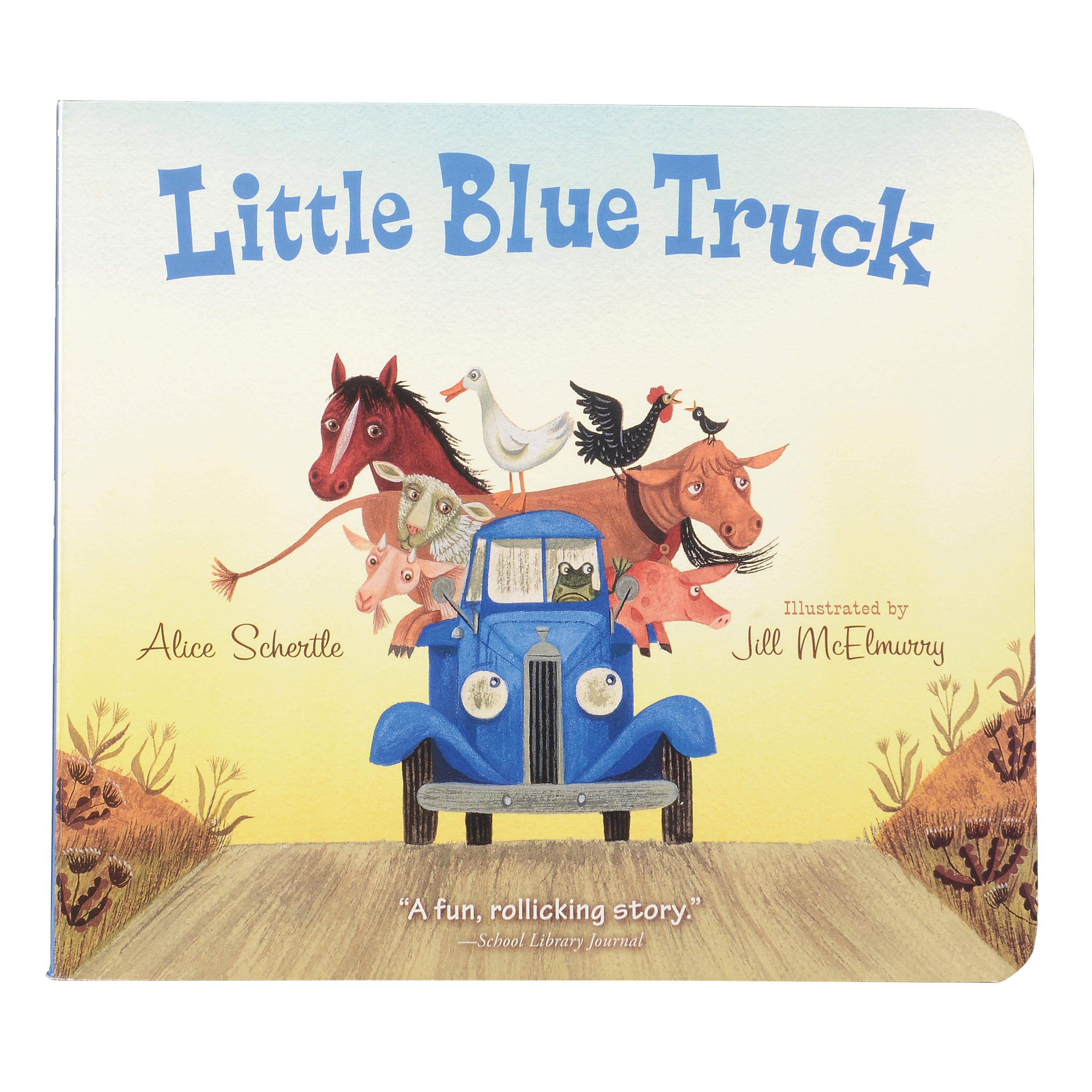 Book cover of 'Little Blue Truck' with a blue truck and animals on a yellow background