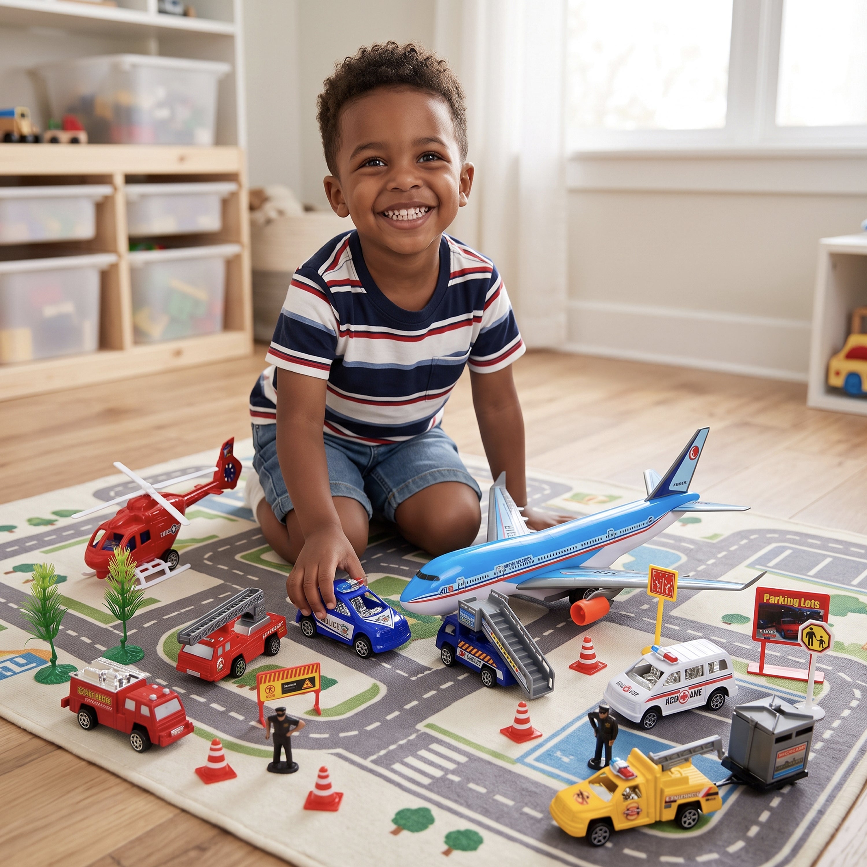 24-Piece Airport Playset with Vehicles, Helicopter, Airplane & Accessories