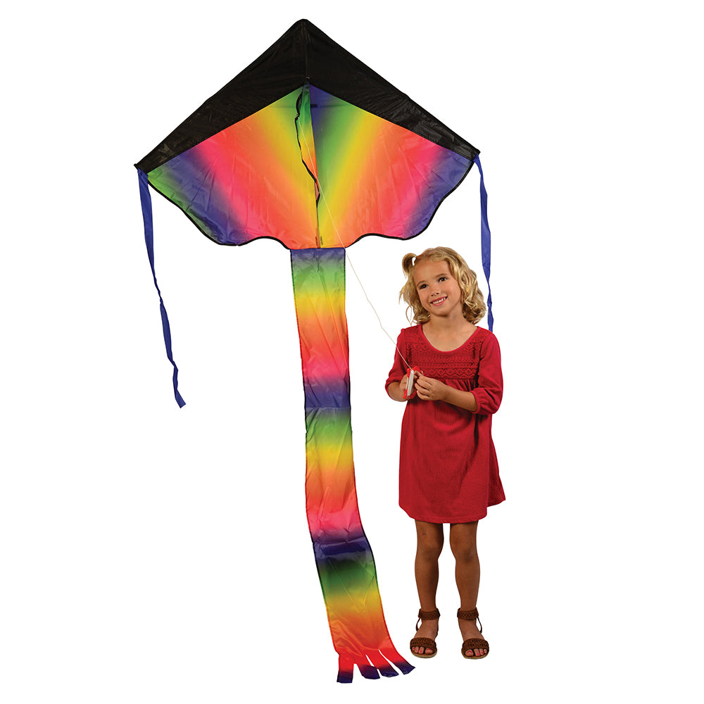 Rainbow Dragon Tail Kite | Easy-Fly Nylon Kite with 41" Wingspan Next to Kid to Show Length