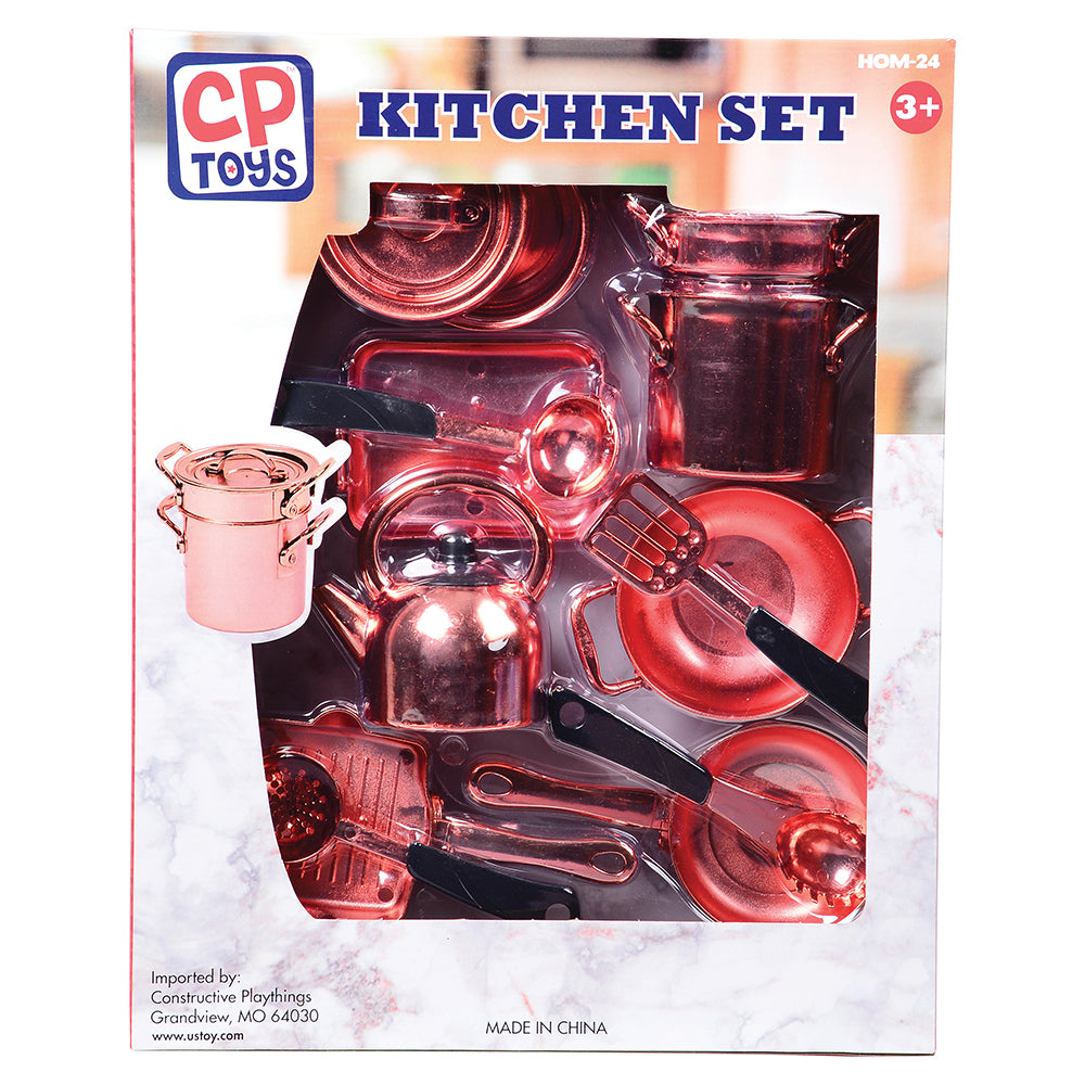Front View of 13-Piece Kids' Copper Kitchen Play Set Packaging