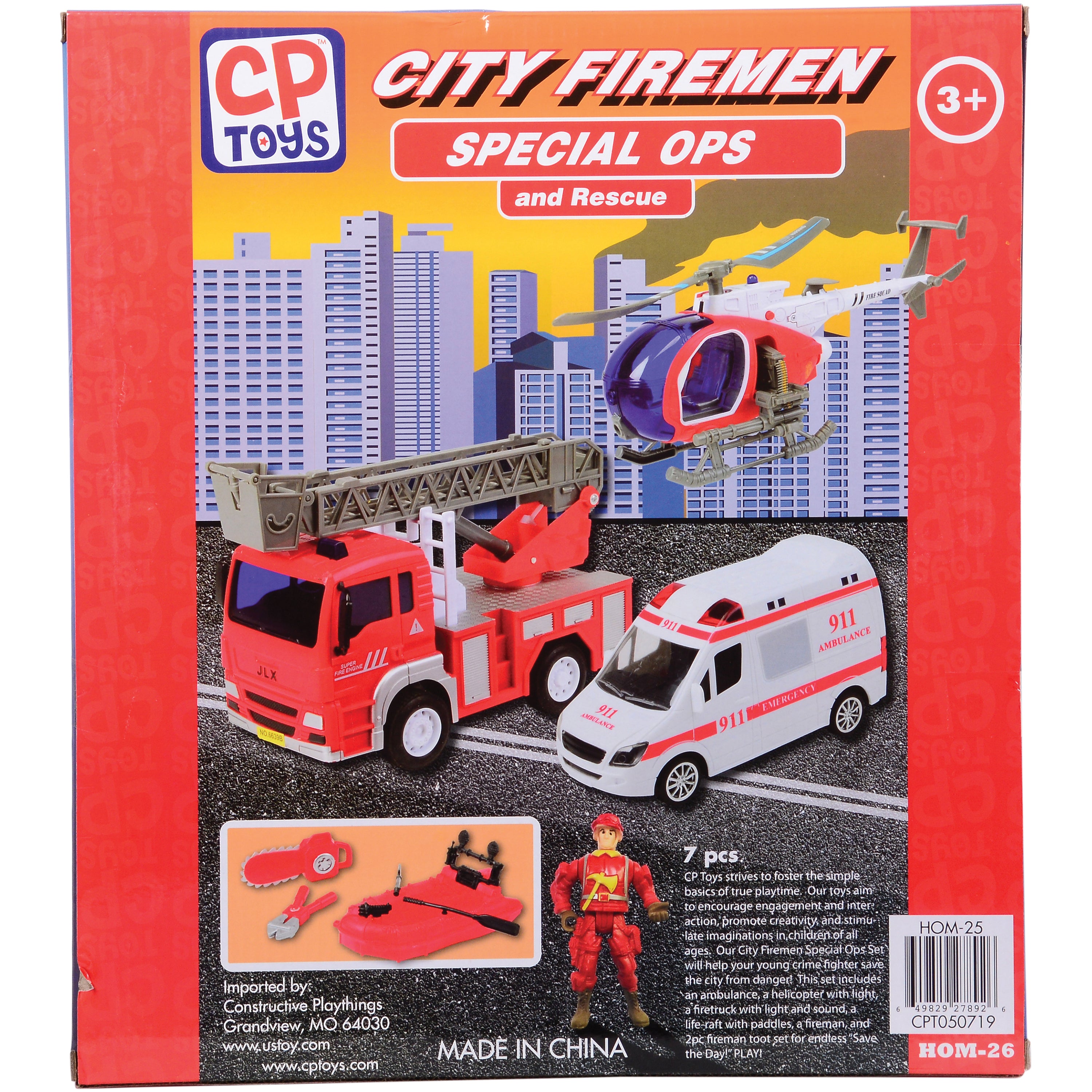 Back of City Fire Special Ops & Rescue Playset | Lights, Sounds, and Rescue Action Packaging
