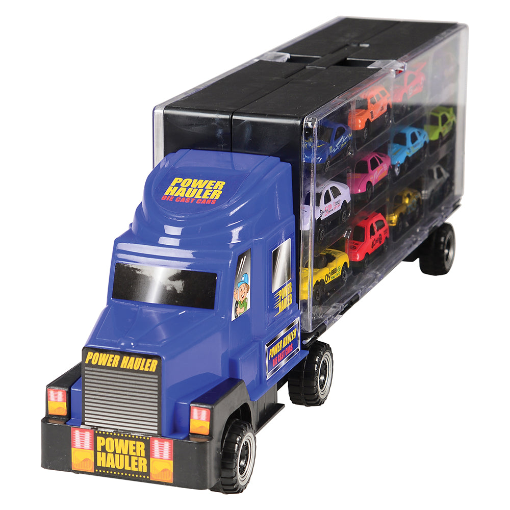 Front View of 6-Wheel Transport Car Carrier with 12 Die-Cast Vehicles