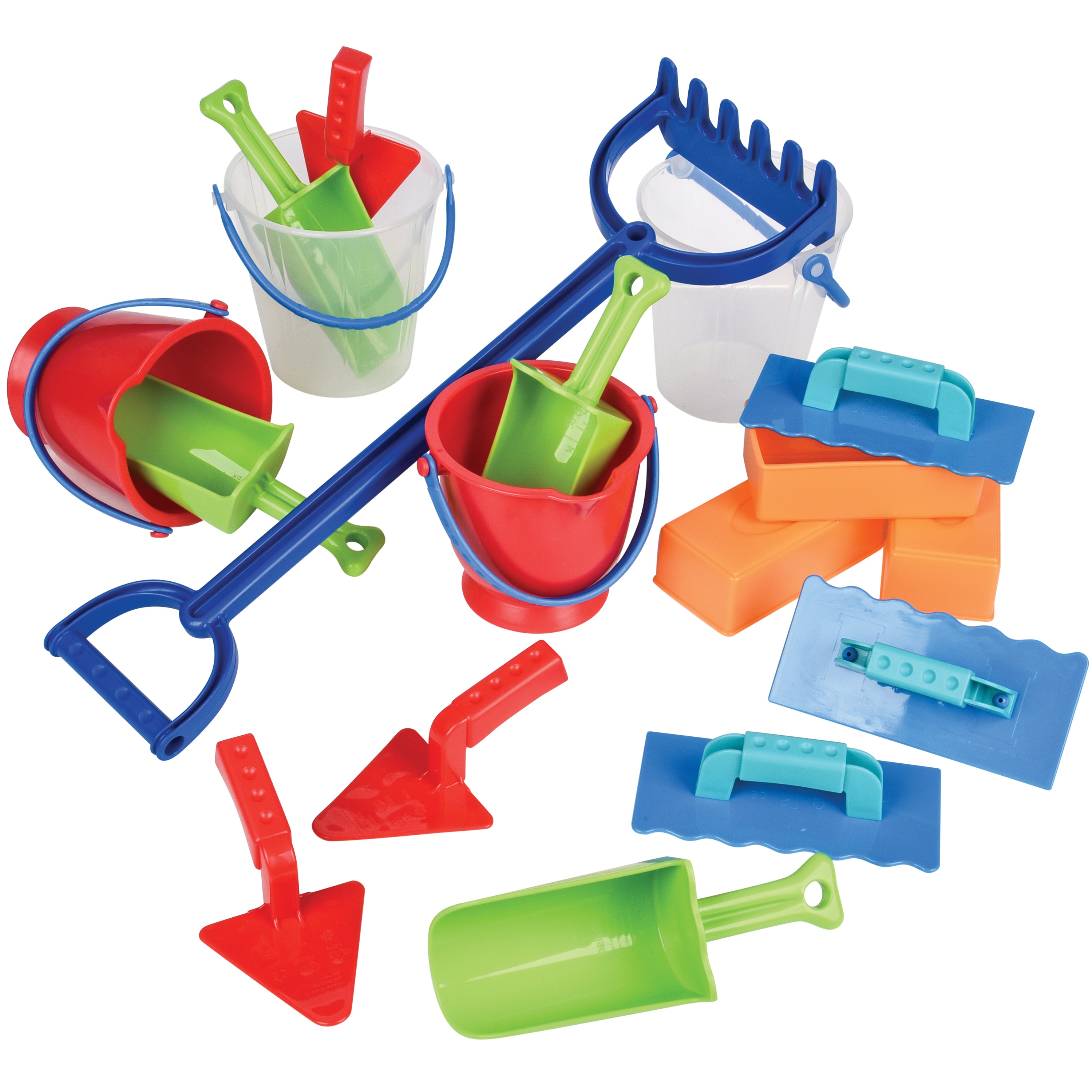 Colorful sand toys including buckets, shovels, and rakes on a white background