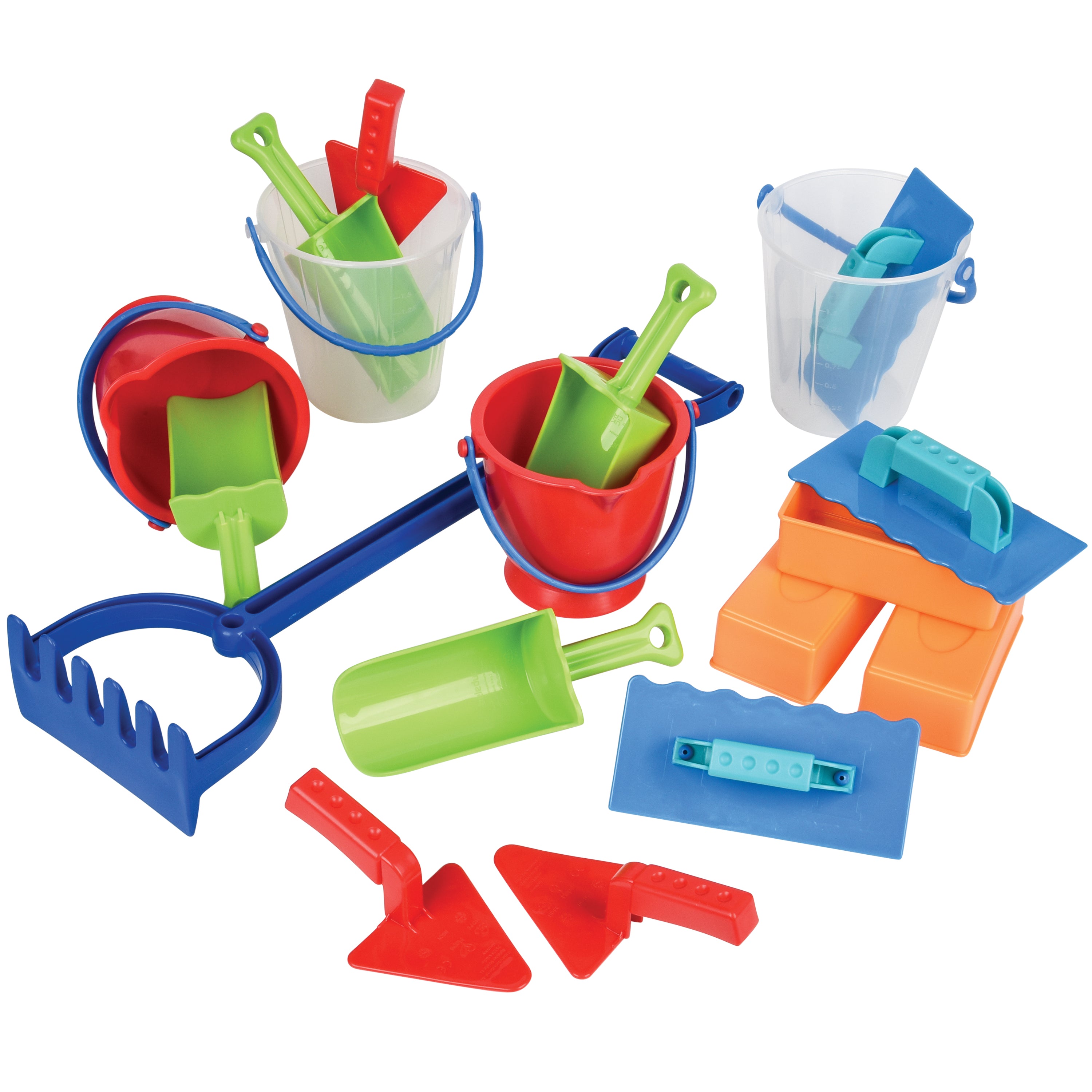 Colorful sand toys including buckets, shovels, and molds on a white background