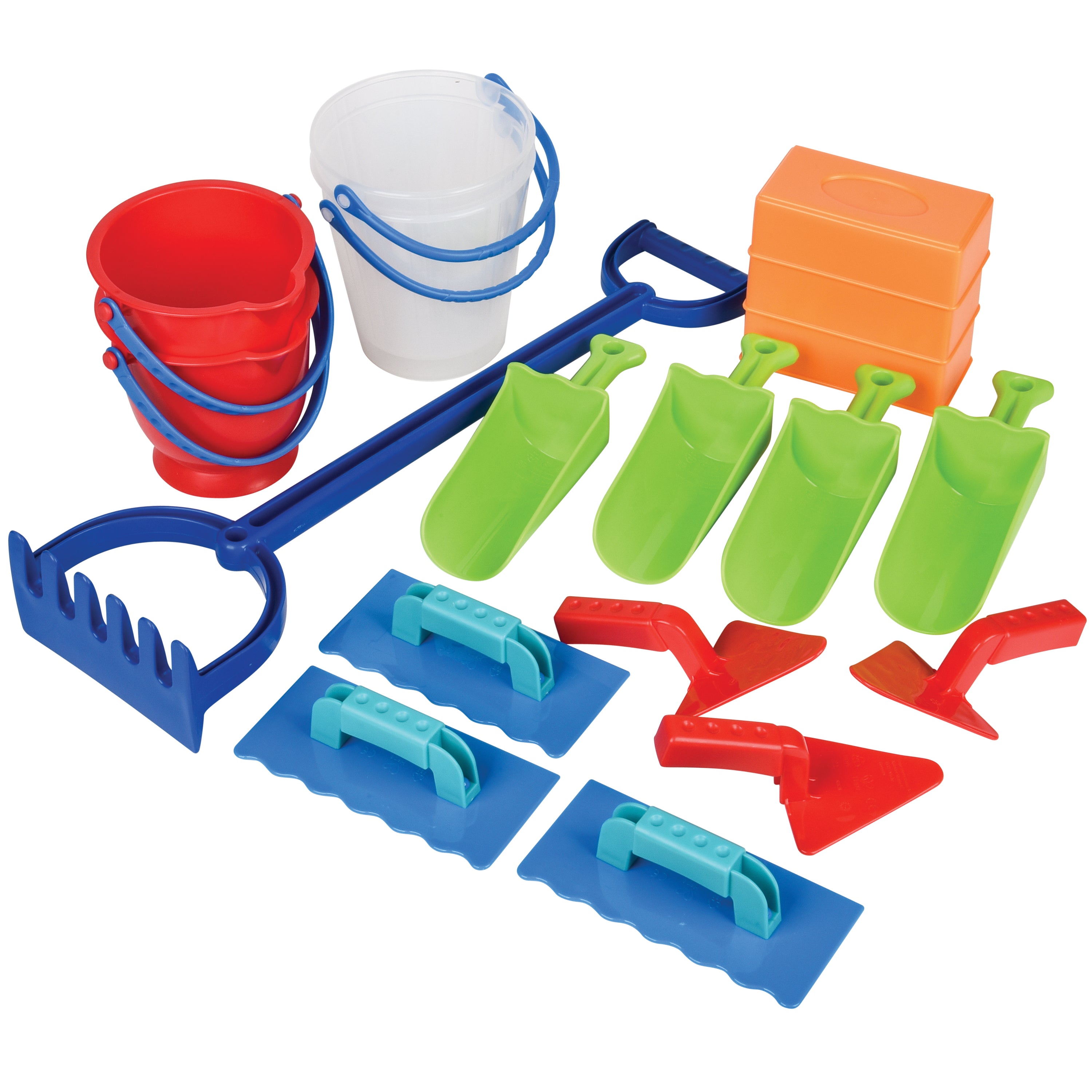 Colorful sand toys including buckets, shovels, and rakes on a white background