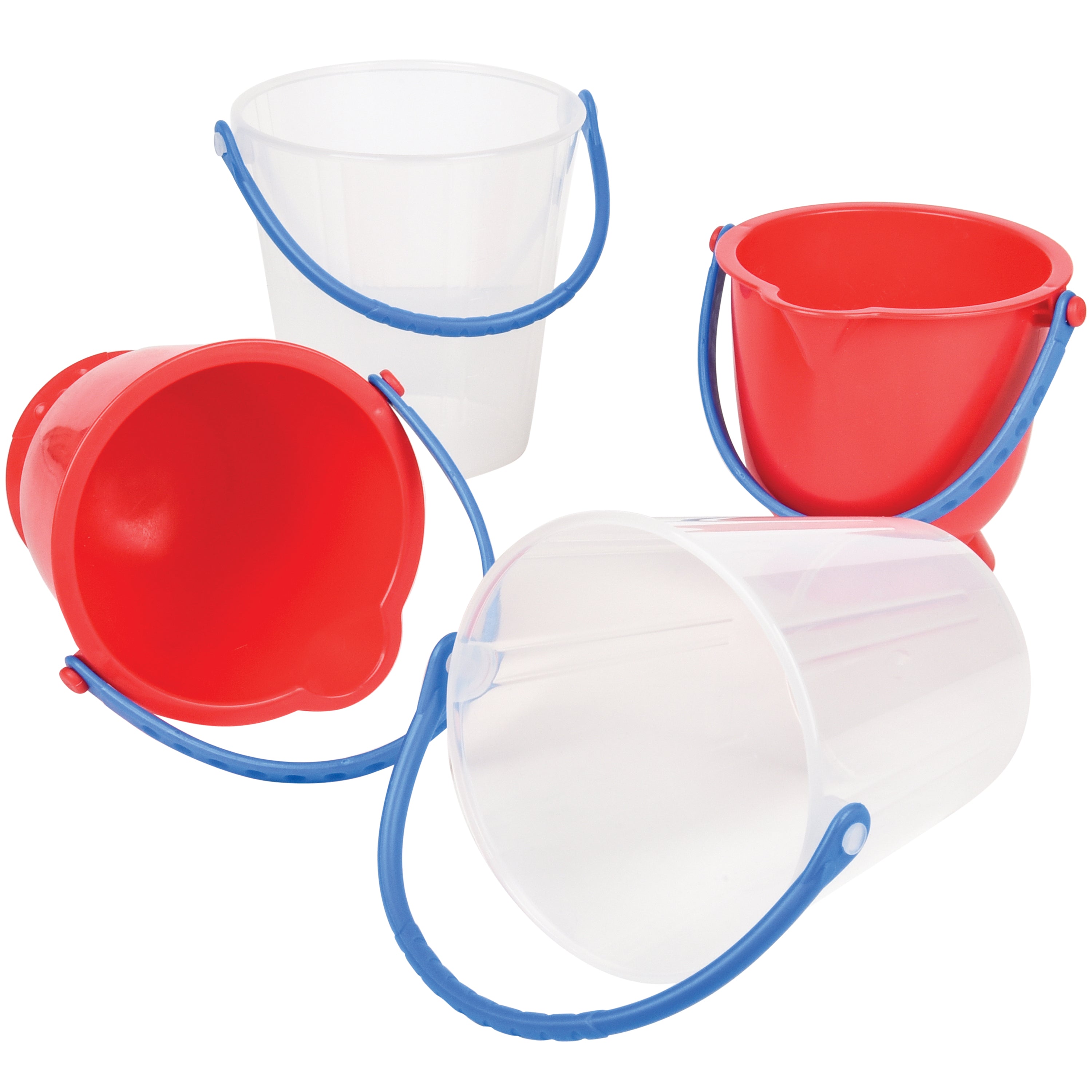 Four buckets with red and white bodies and blue handles on a white background