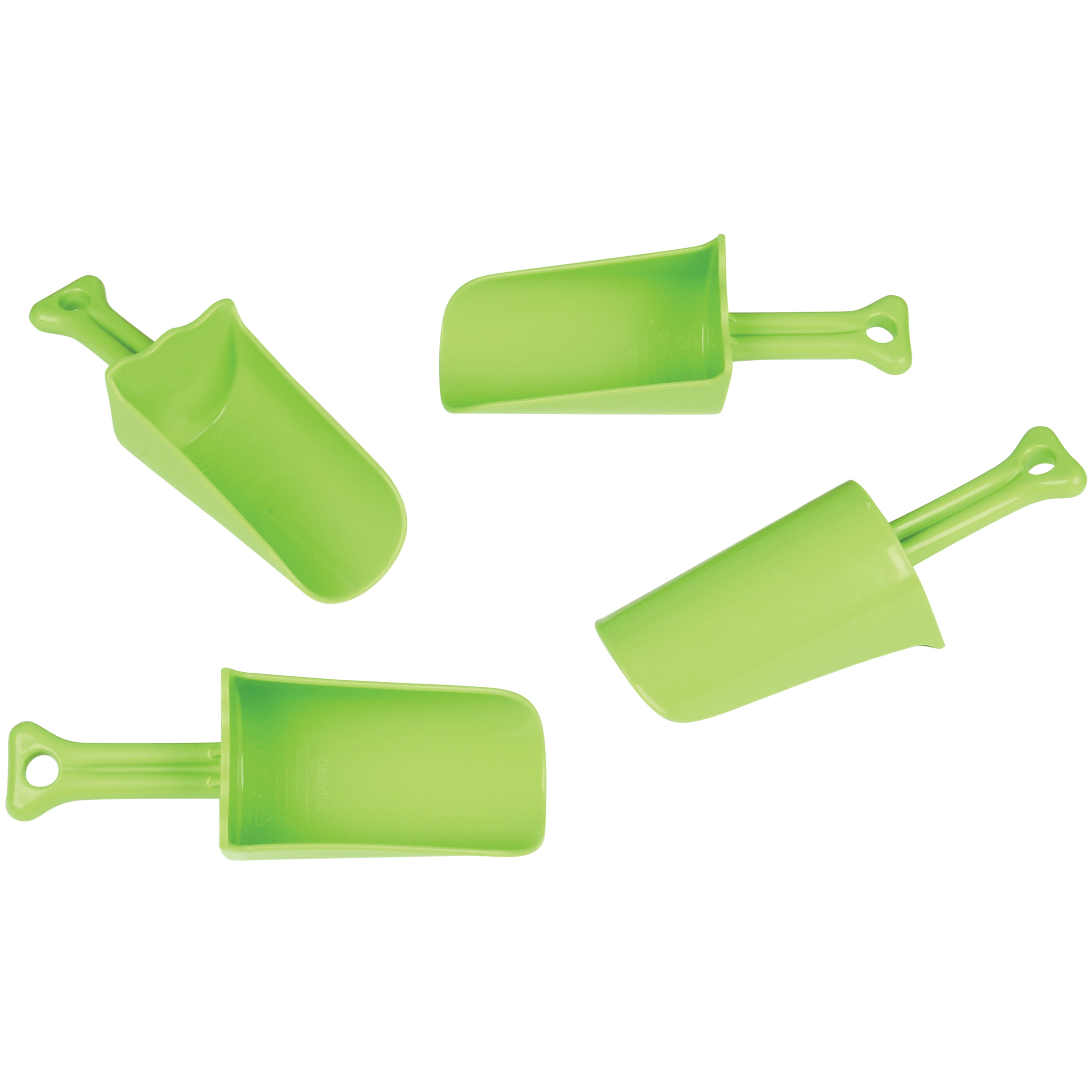Four green plastic sand shovels on a white background