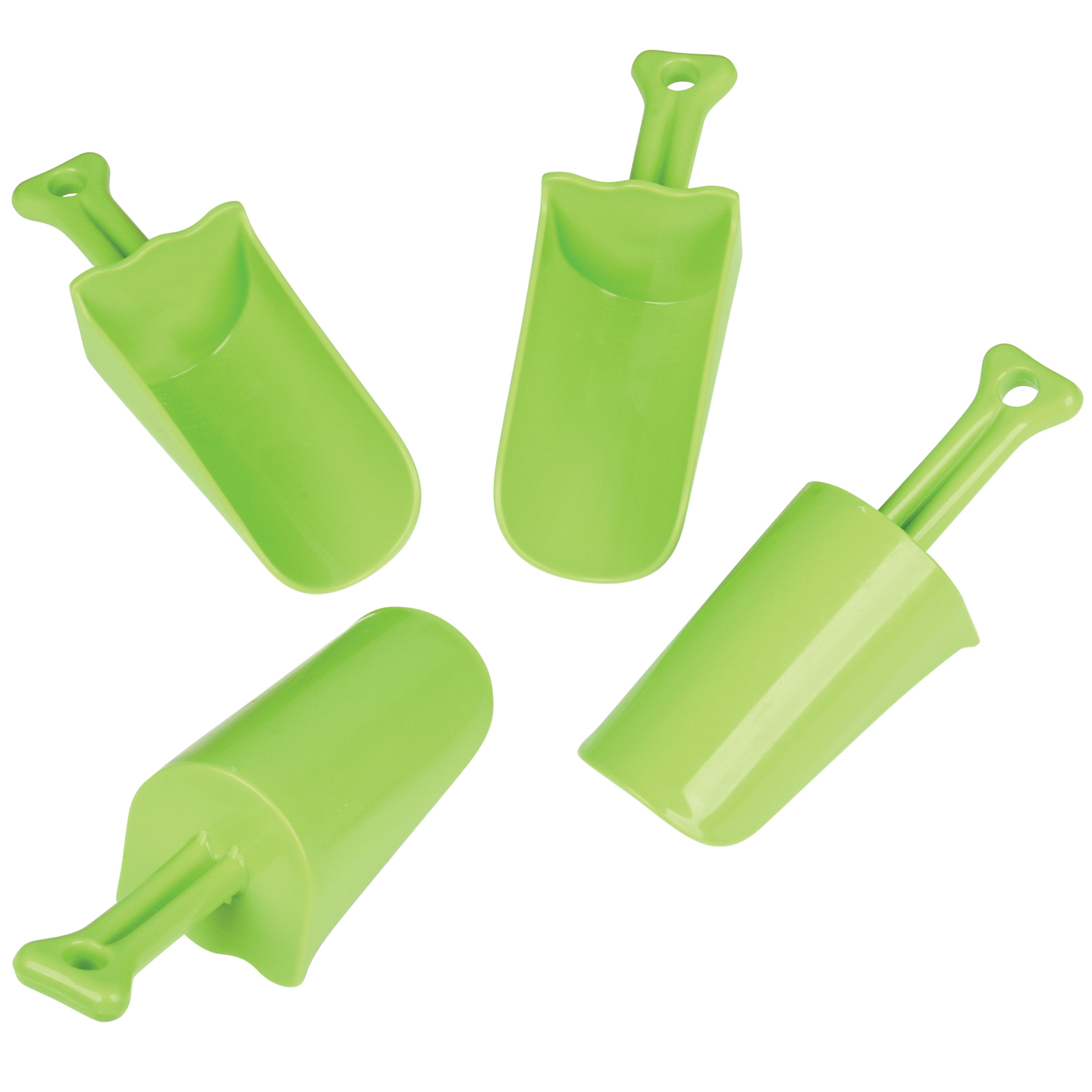 Four green plastic shovels on a white background