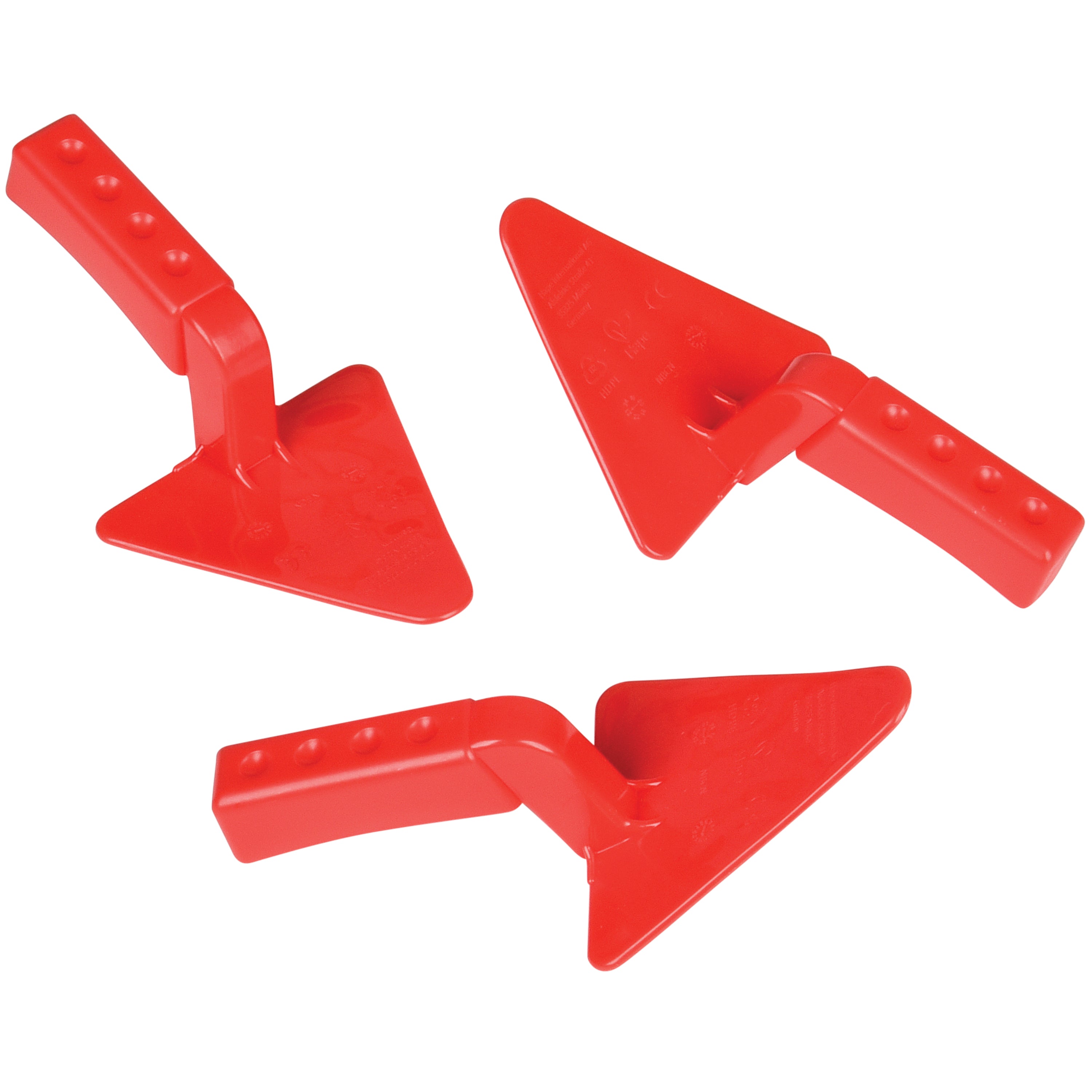 Three red plastic wedges on a white background