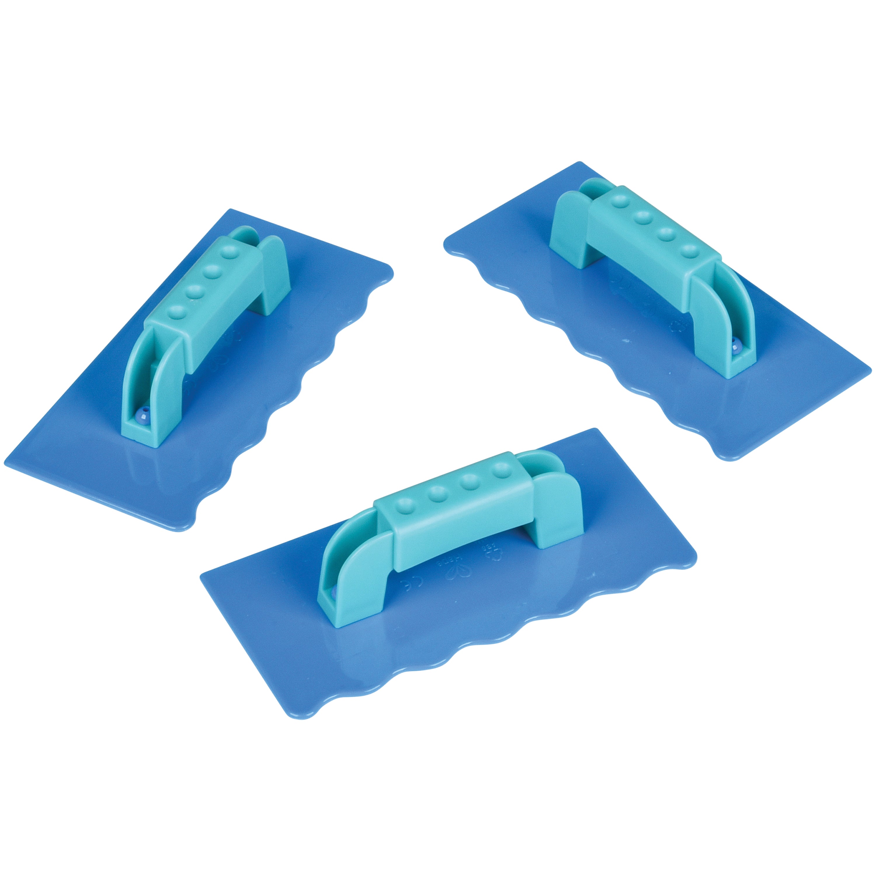 Three blue plastic trowels with light blue handles on a white background