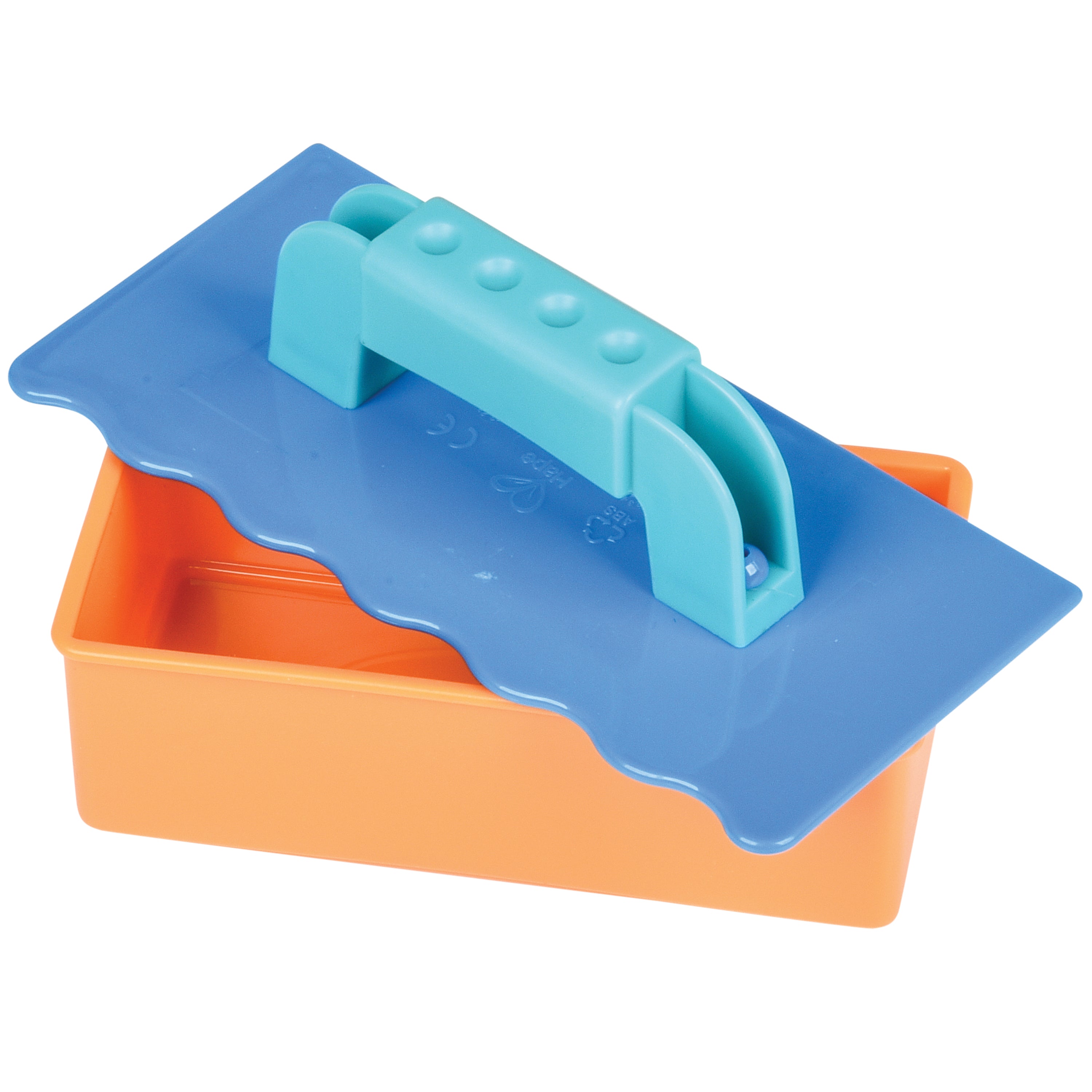 Blue plastic tool with a handle on an orange base against a white background