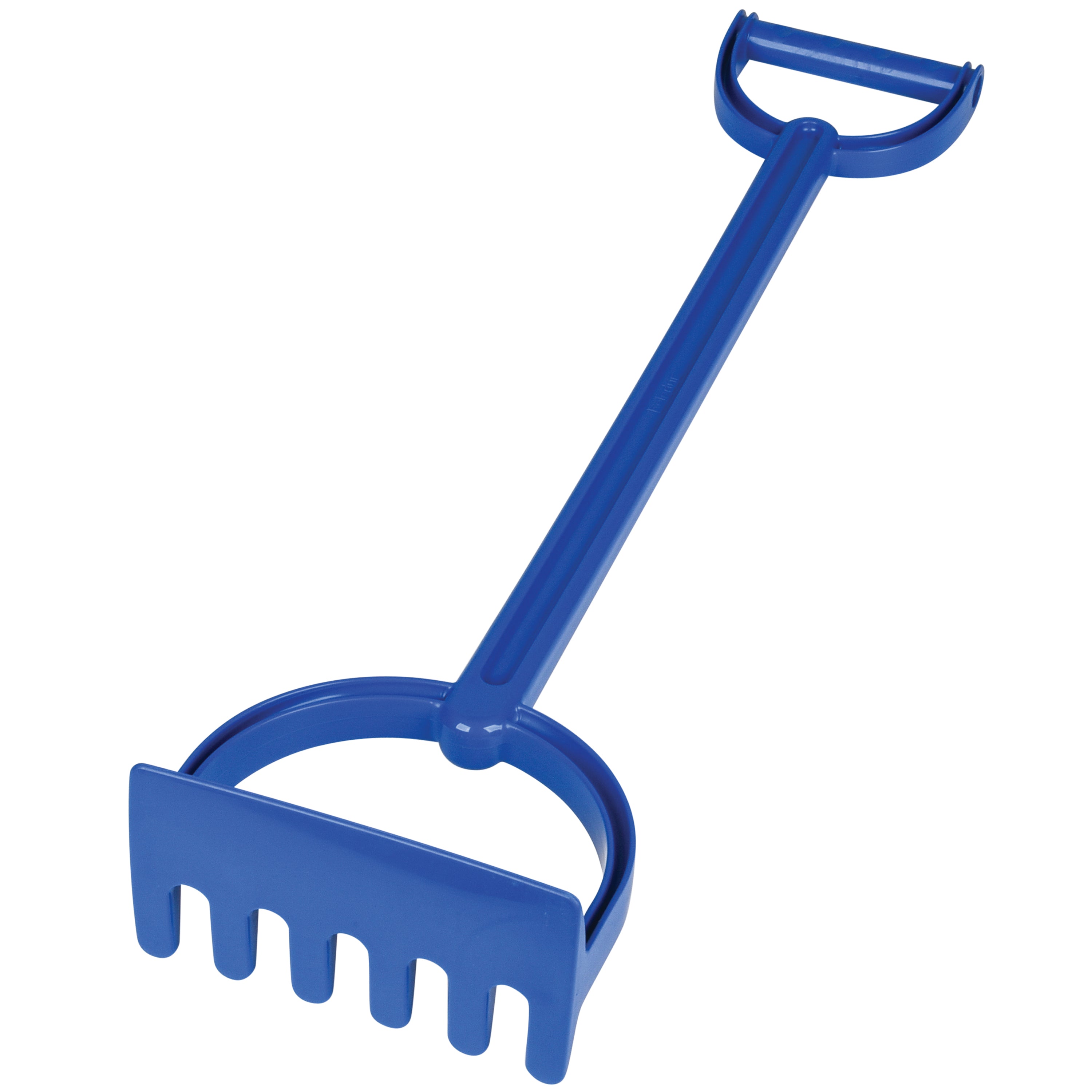 Blue plastic garden rake on a white background