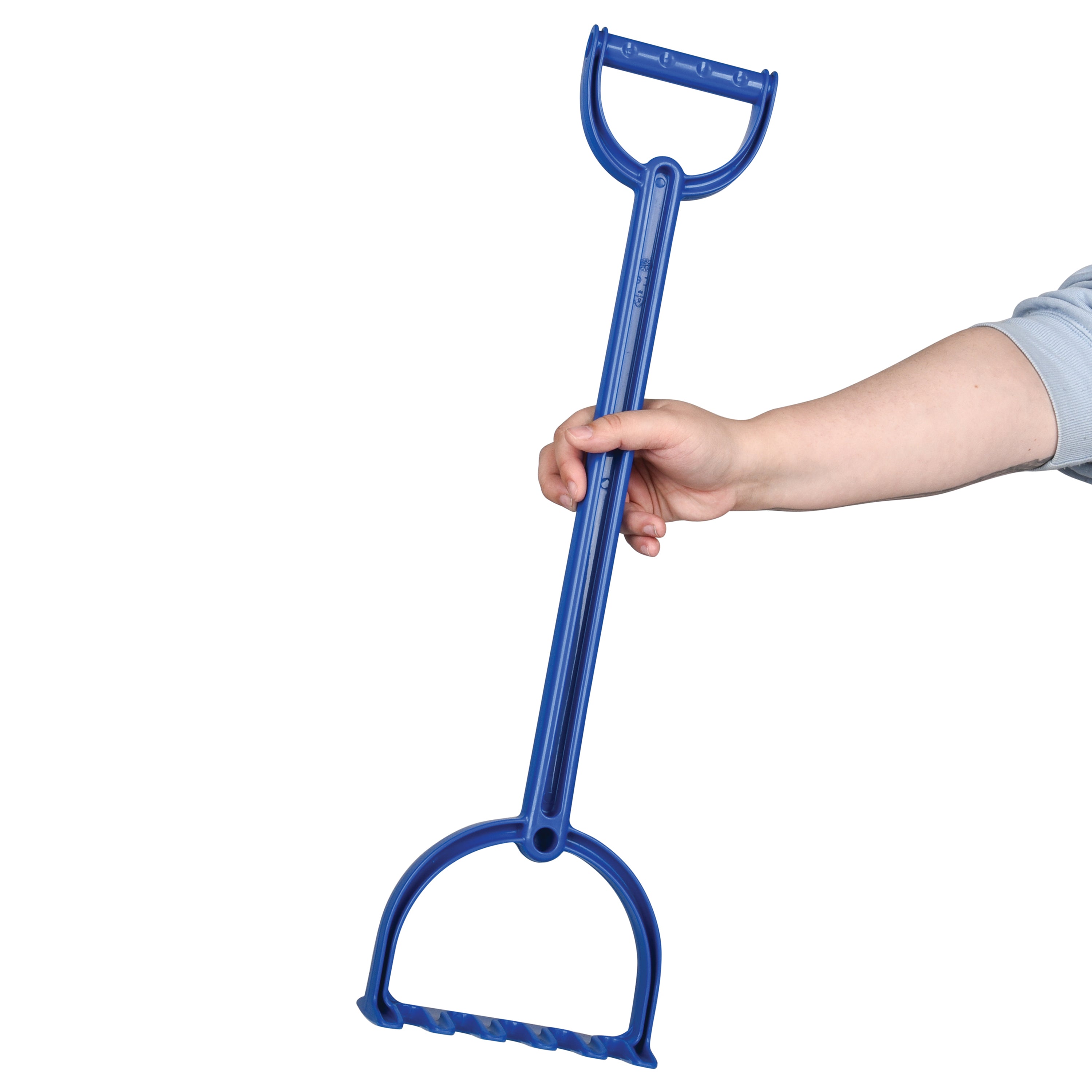 Hand holding a blue garden tool against a white background
