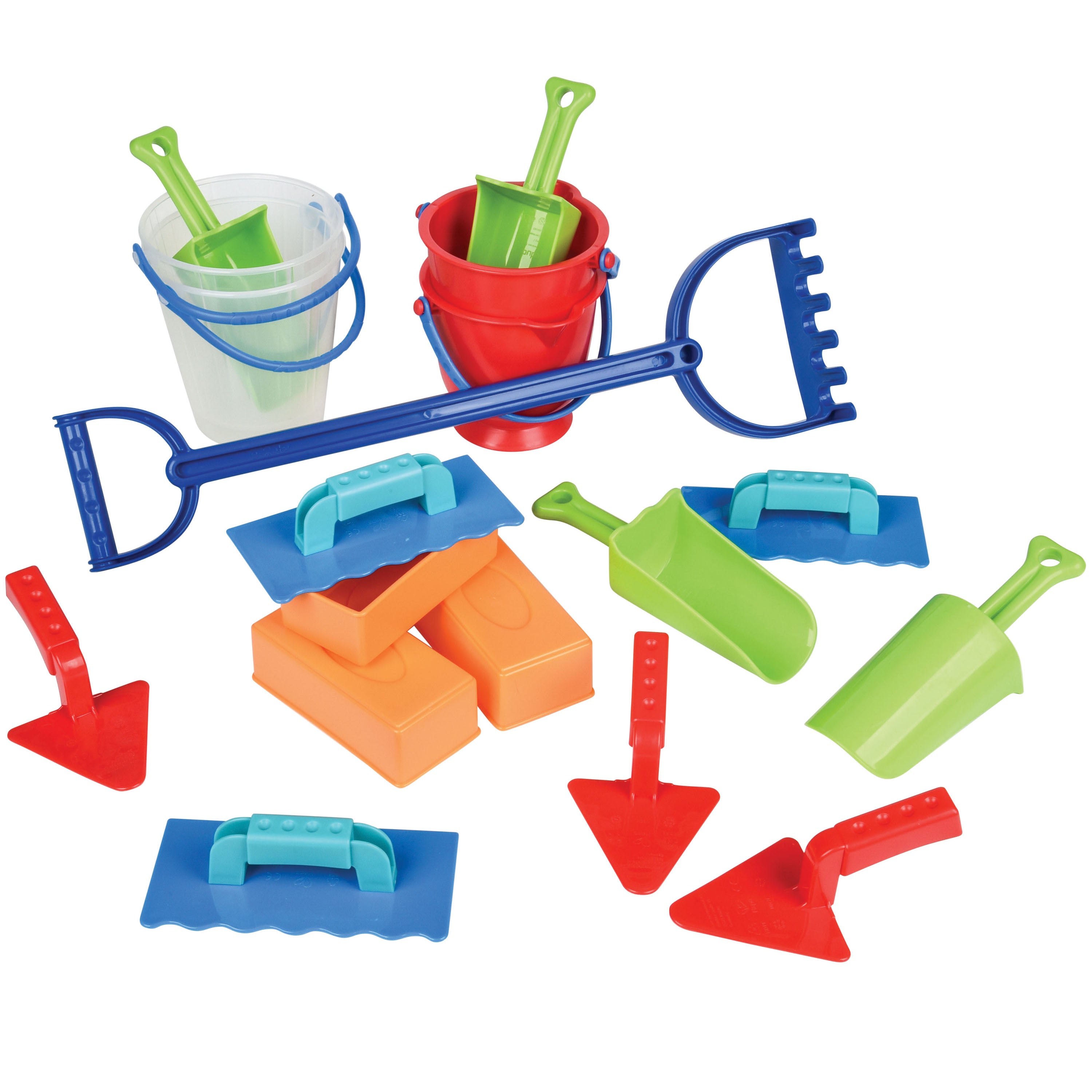 Colorful sand toys including buckets, shovels, and rakes on a white background