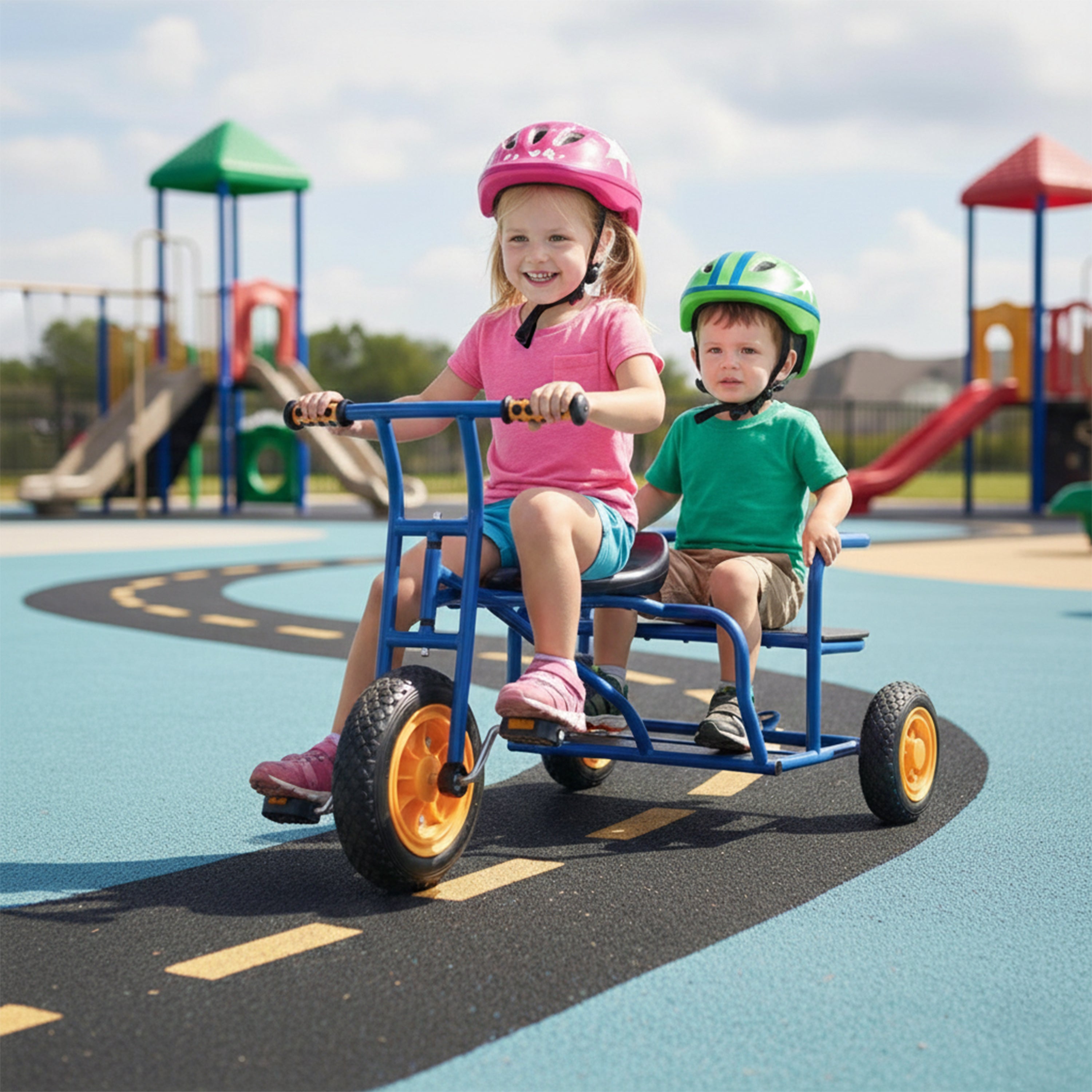Two children riding a blue tandem tricycle on a playground.