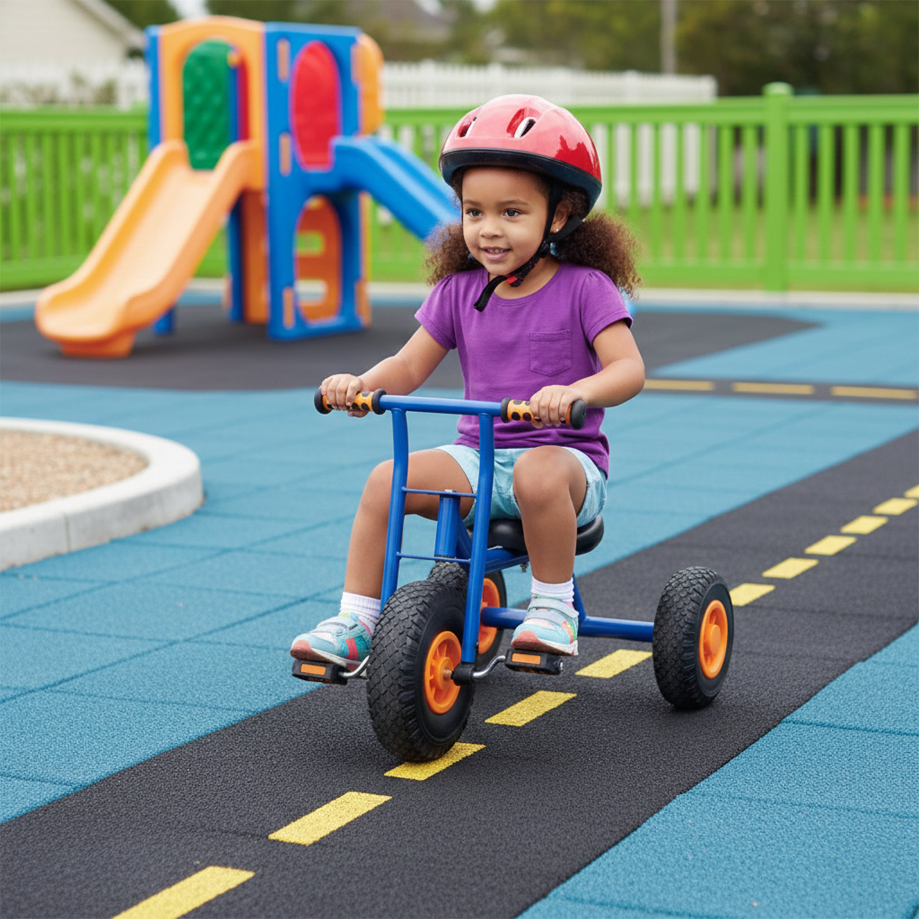 Child riding a tricycle on a playground with colorful equipment in the background