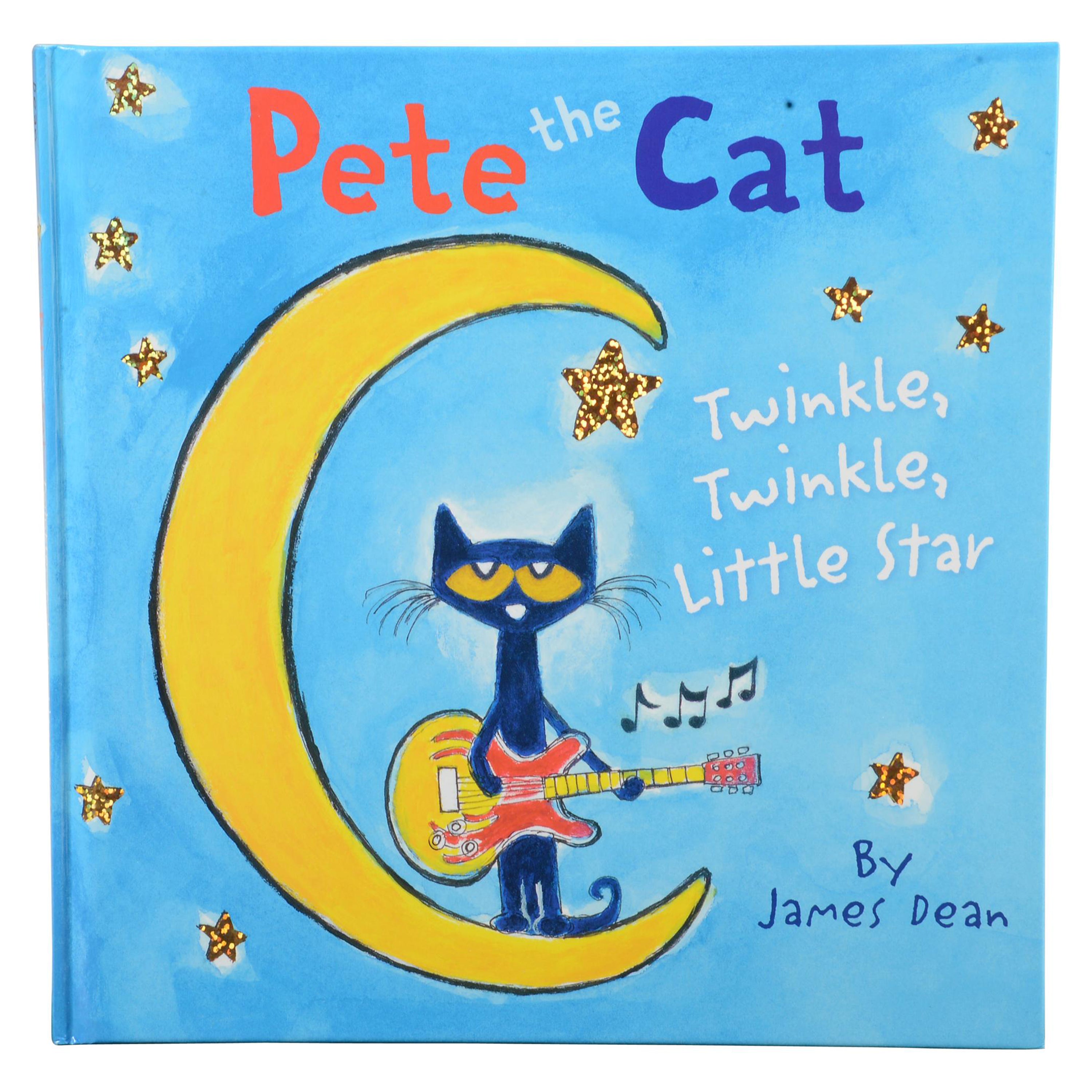 Book cover of 'Pete the Cat: Twinkle, Twinkle, Little Star' with a cat playing guitar on a moon.