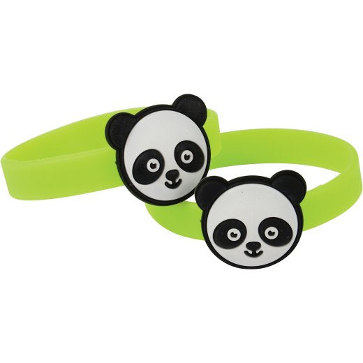 Two green wristbands with panda face designs on a white background