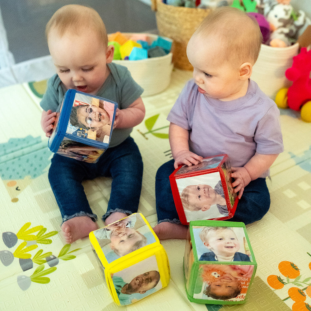 Babies Interacting With Stacking Blocks with Photo Pockets