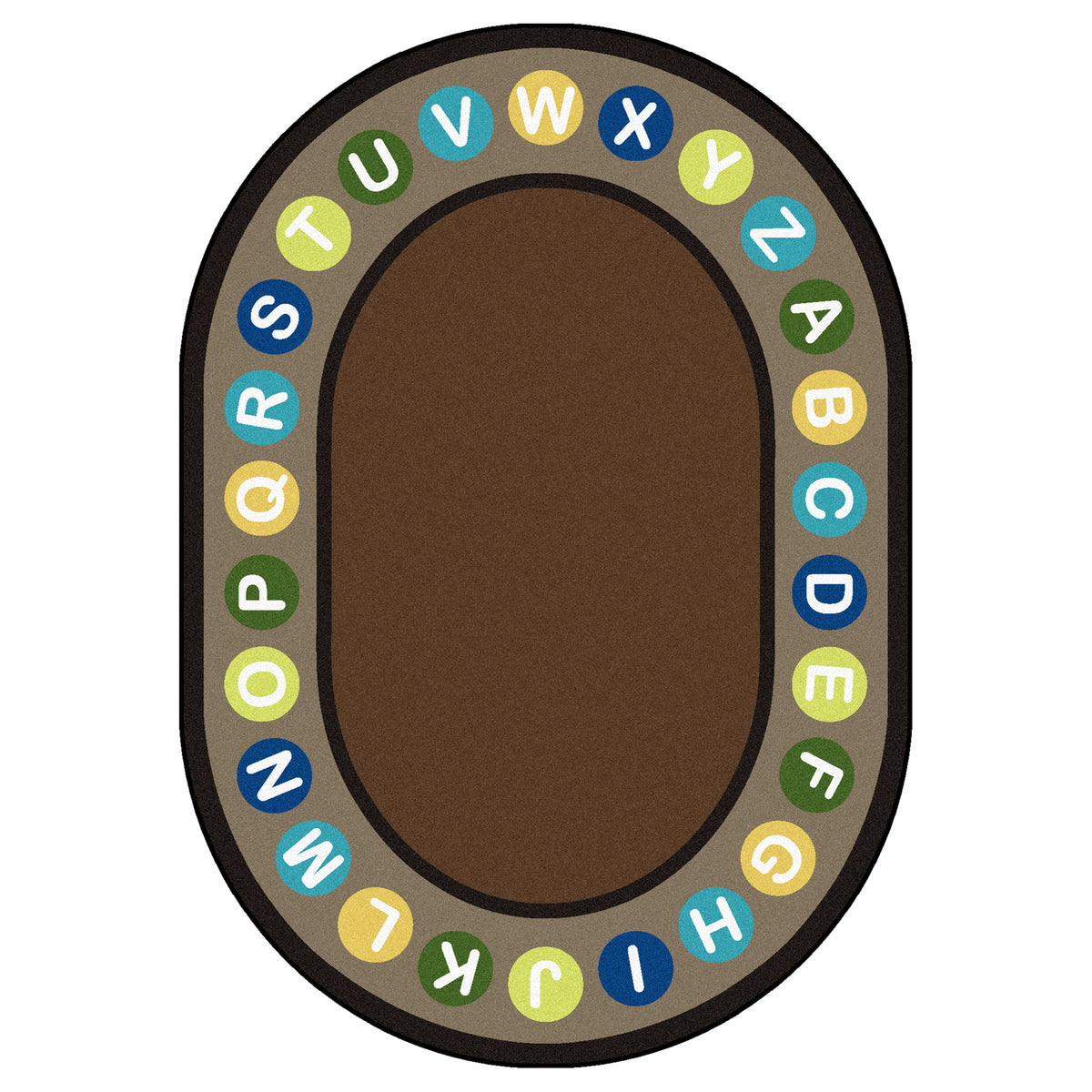An oval-shaped children's rug with a solid brown center and a border of colorful alphabet letters on a white background.