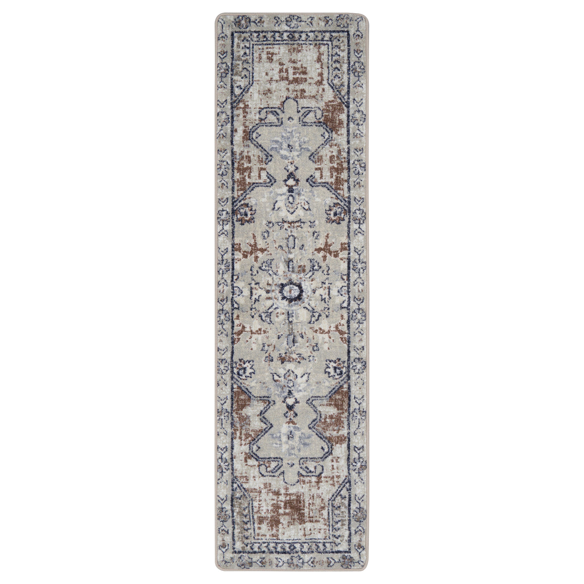 A long rectangular runner rug with a distressed traditional pattern in muted blue, brown, and cream tones on a light gray background.