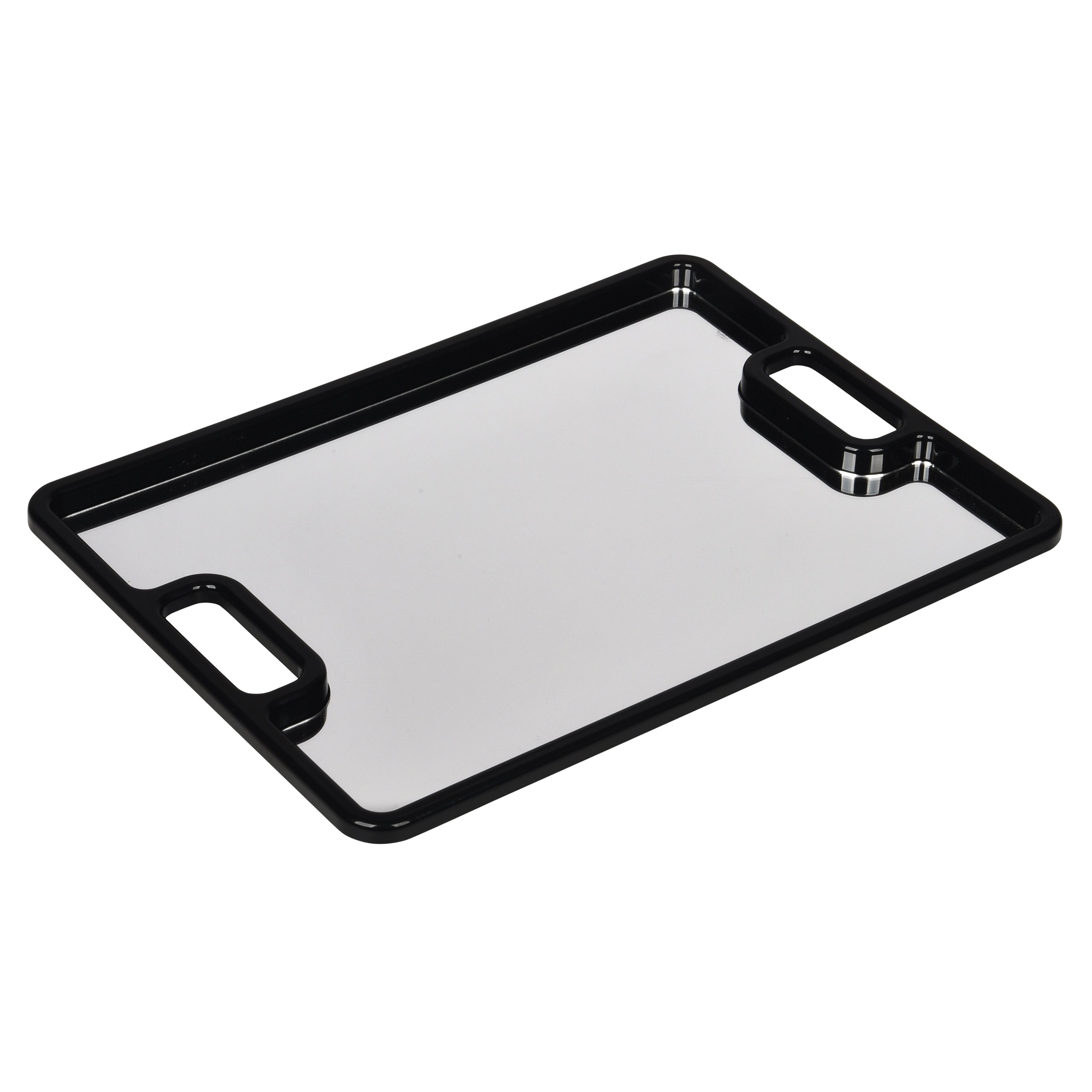 Black rectangular tray with handles on a white background