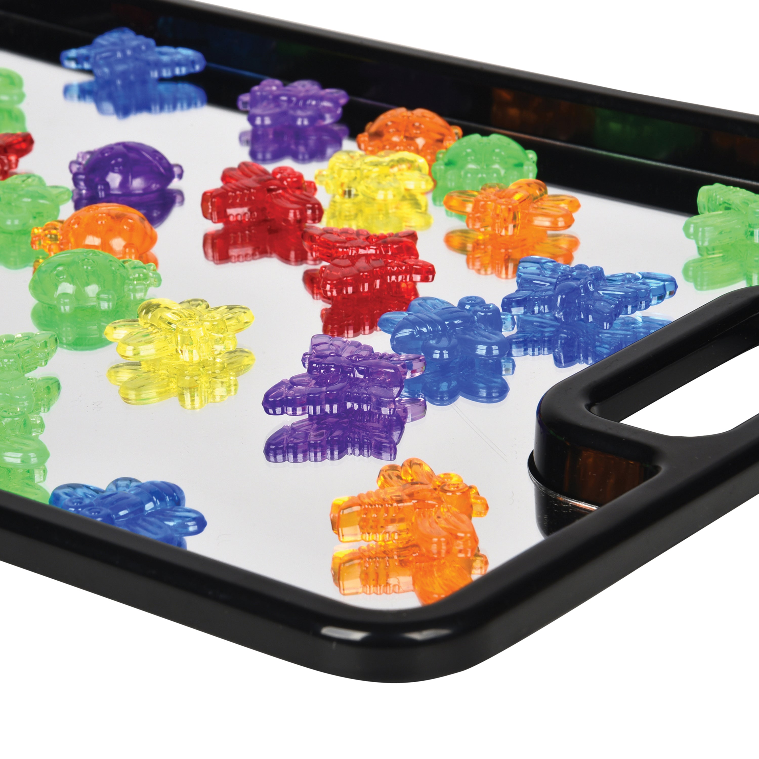 Colorful plastic insects on a black tray with a white background