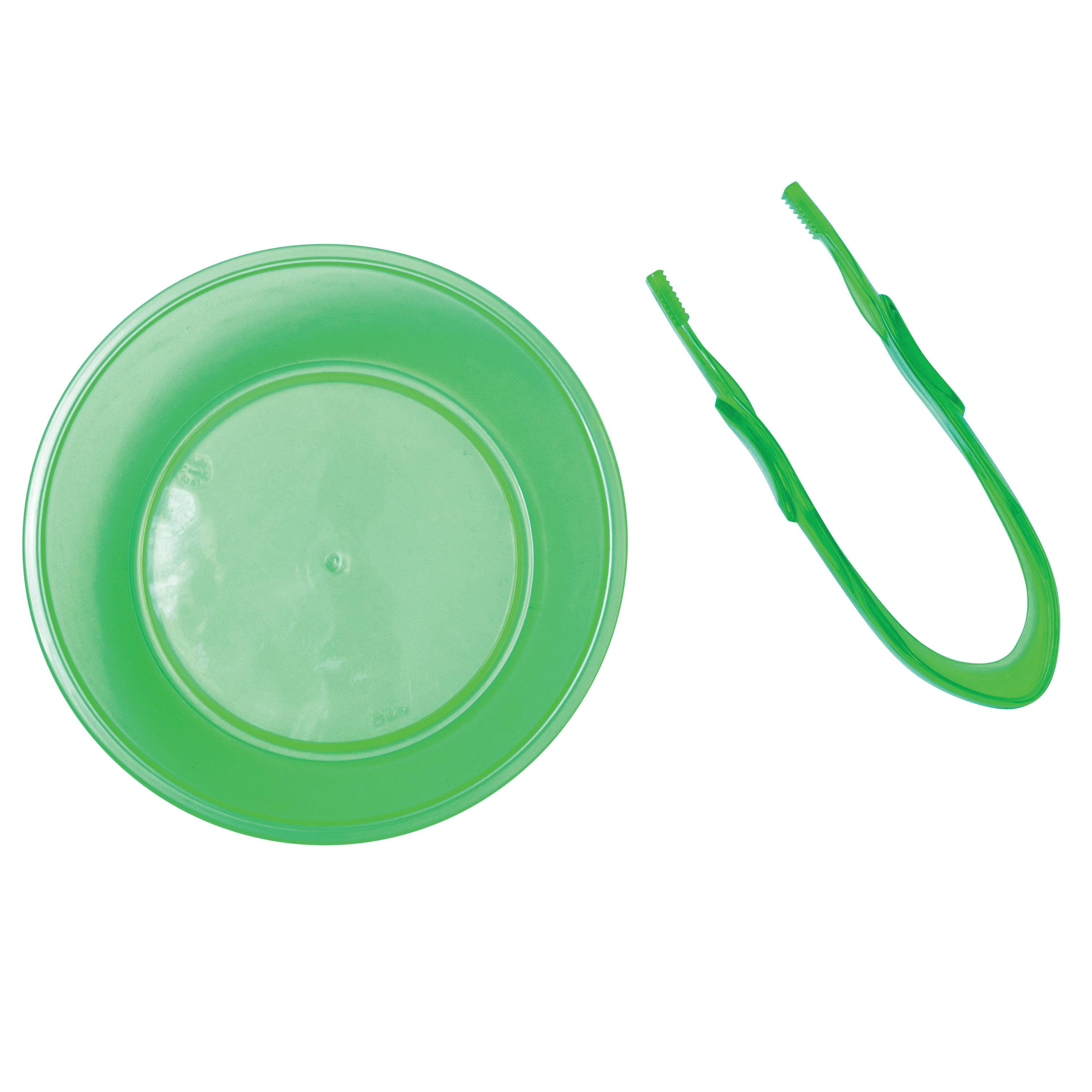 Green plastic bowl and tweezers on a white background