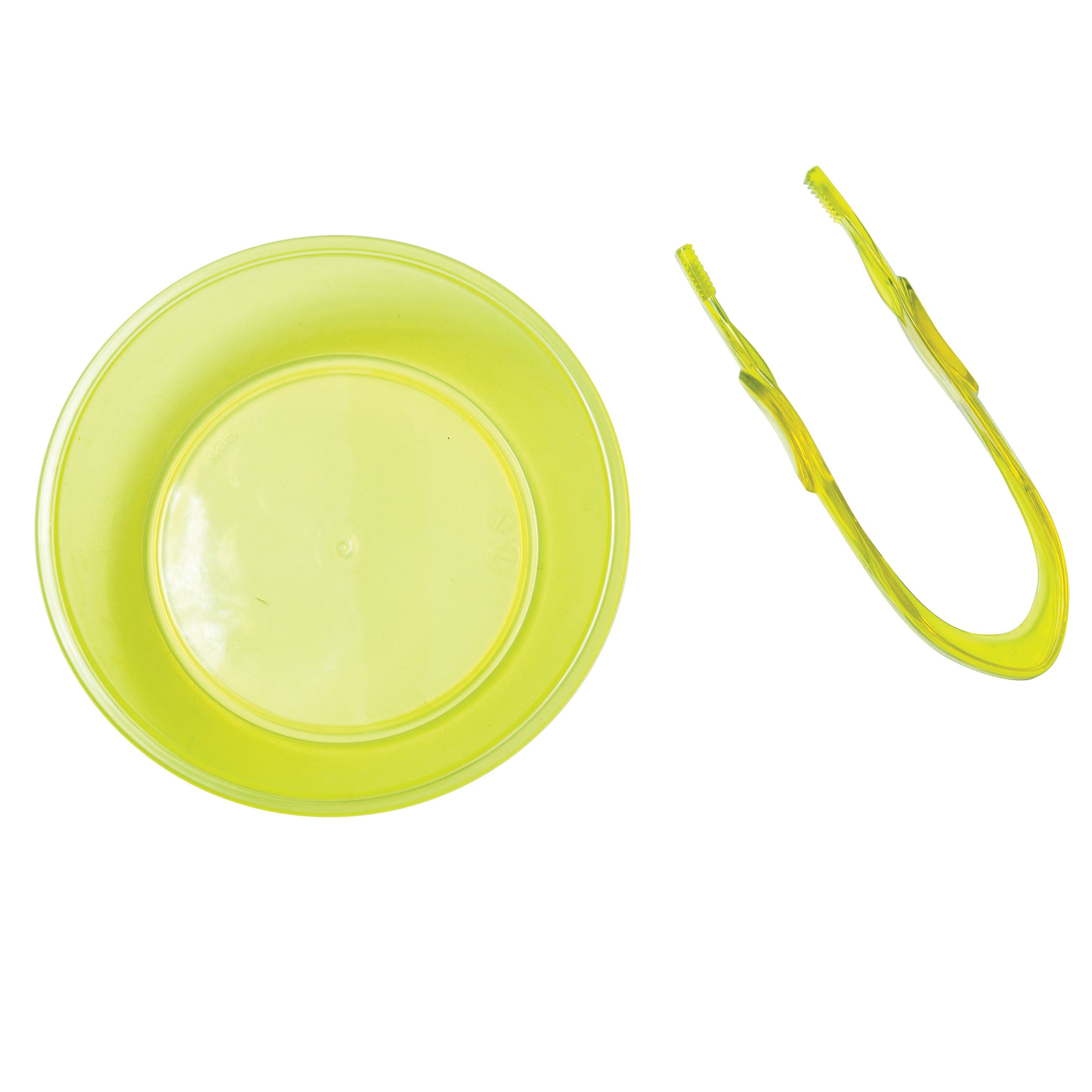 Yellow plastic bowl and tweezers on a white background