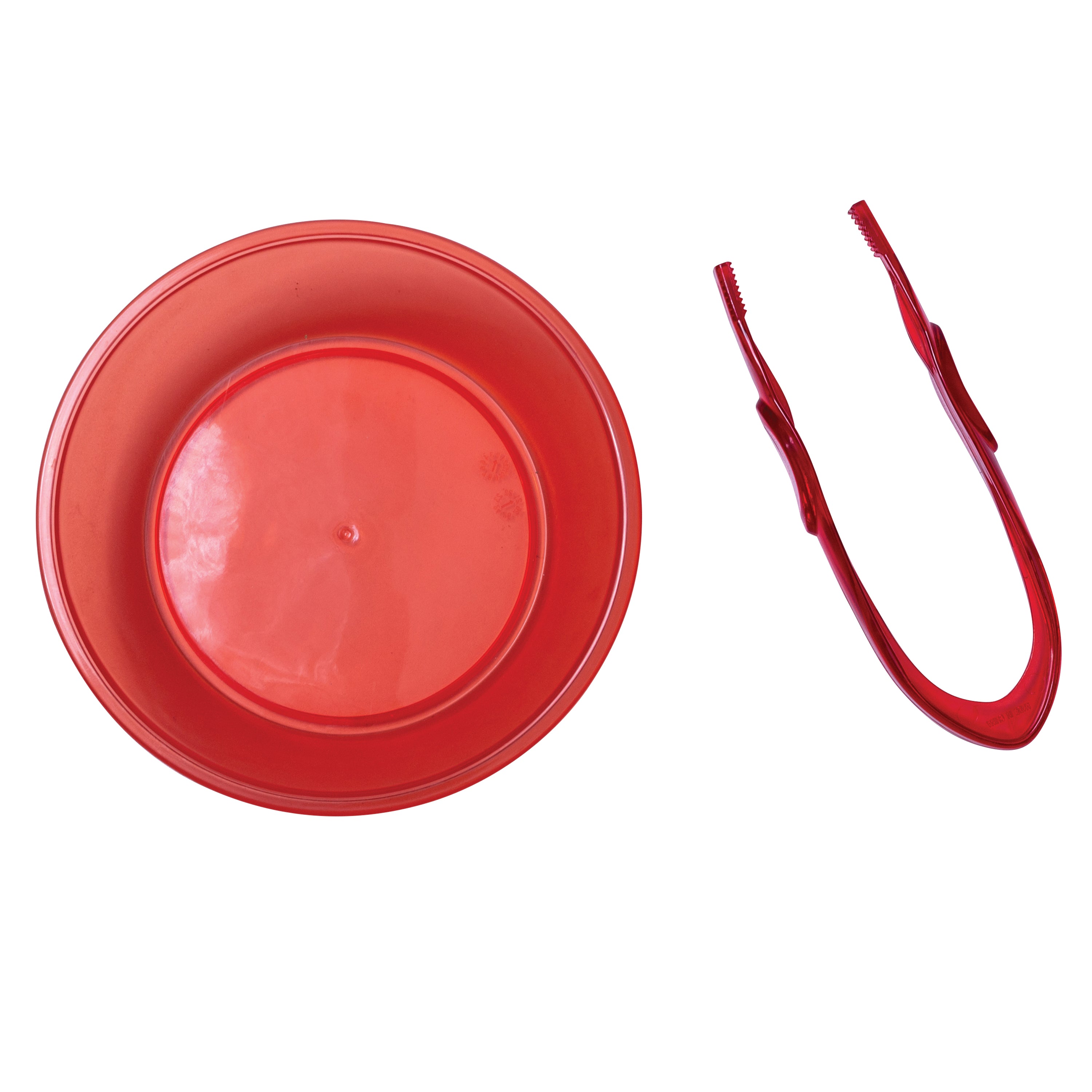 Red plastic bowl and tweezers on a white background