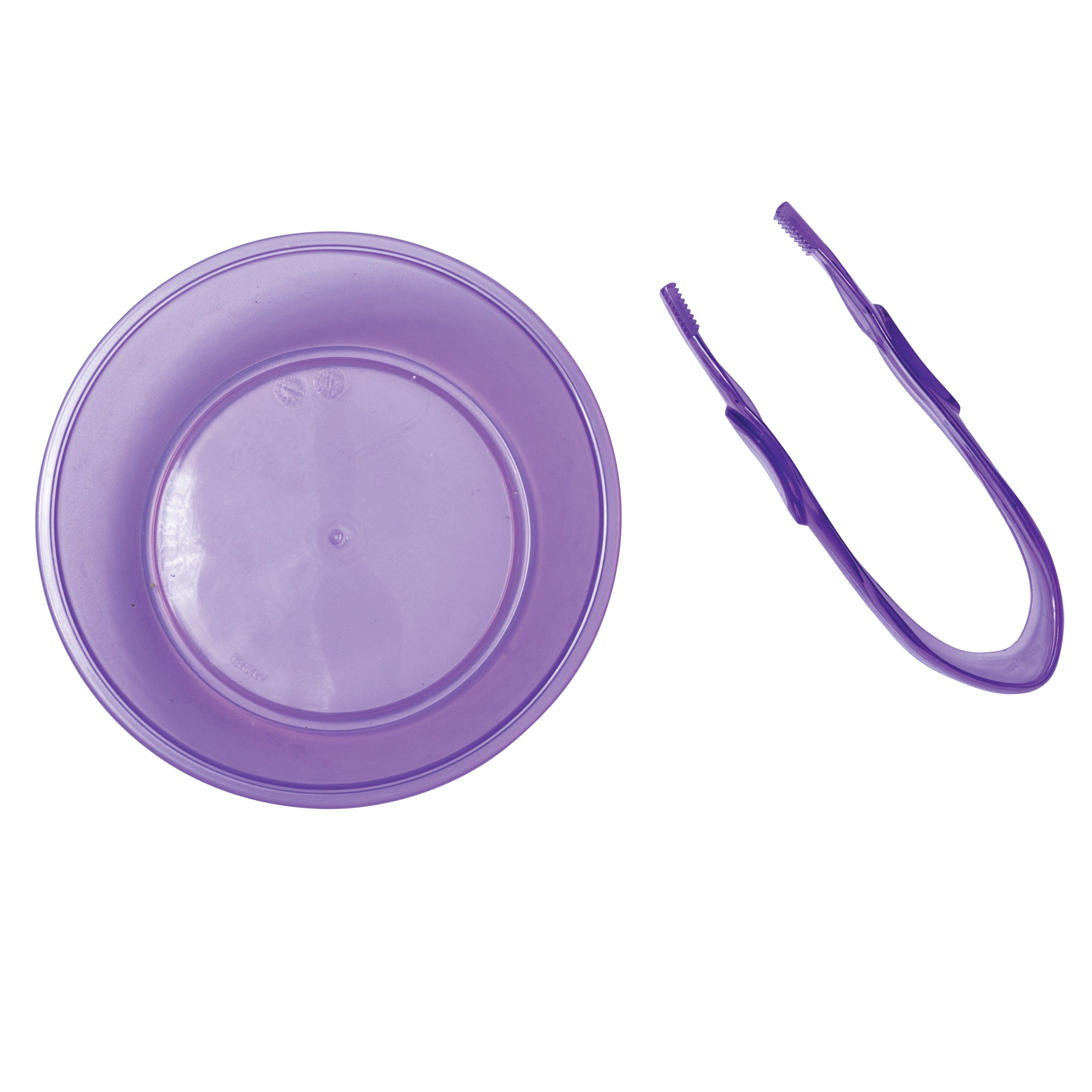 Purple plastic bowl and tweezers on a white background