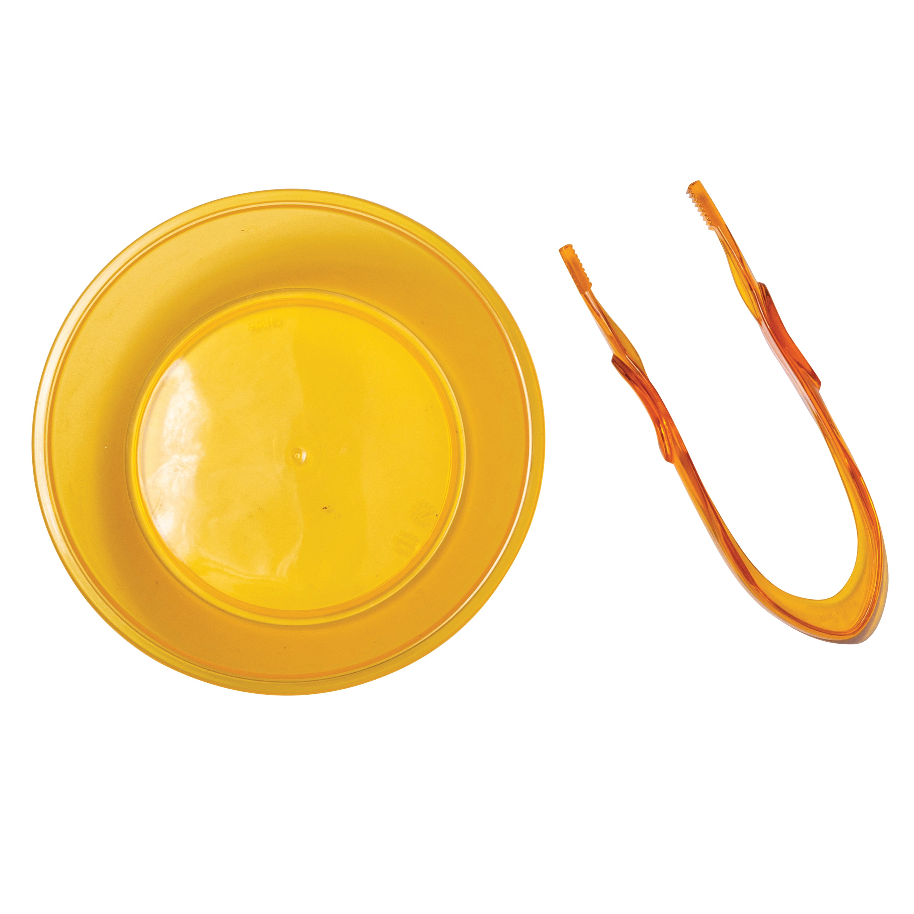 Orange plastic bowl and tweezers on a white background