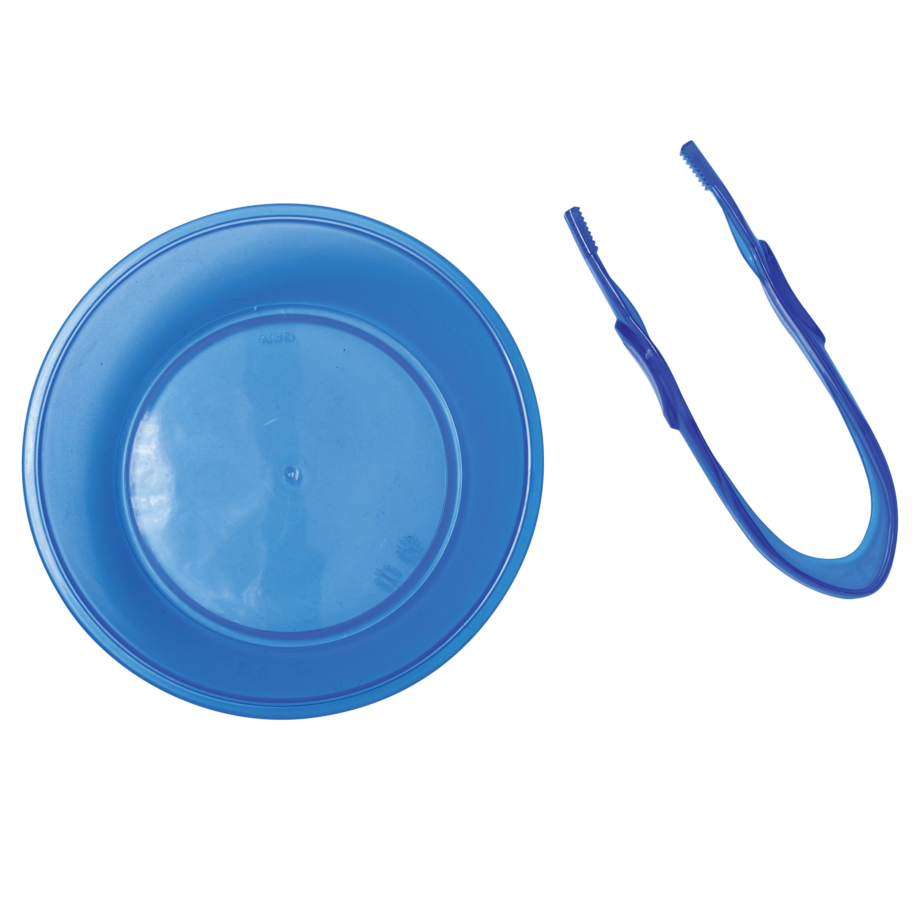 Blue plastic bowl and tweezers on a white background