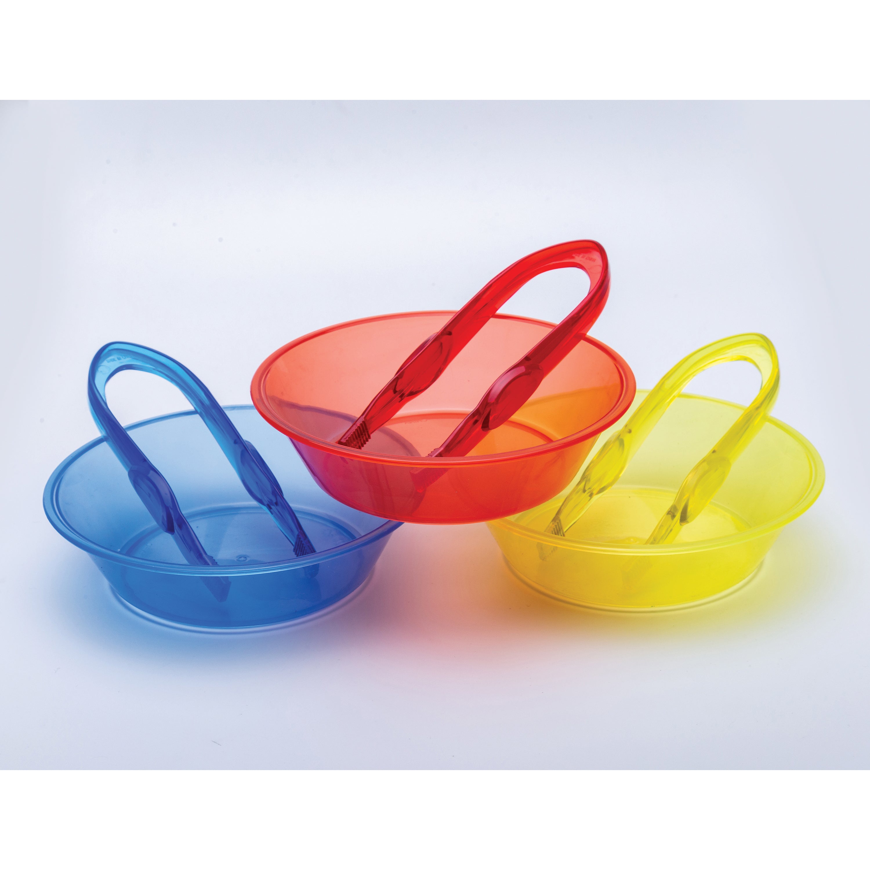 Three colorful plastic baskets in blue, red, and yellow on a light gray background