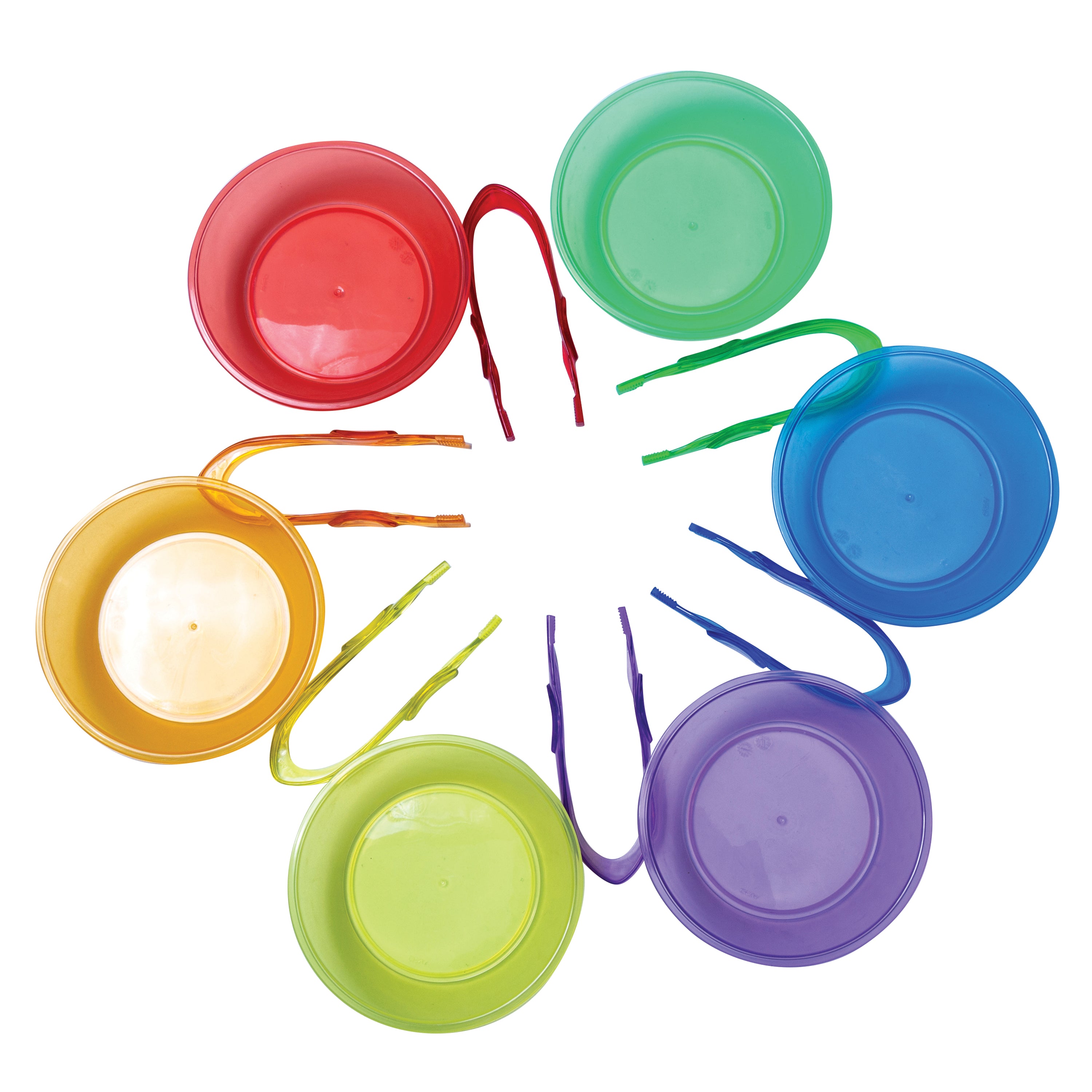Set of colorful plastic bowls with tweezers on a white background