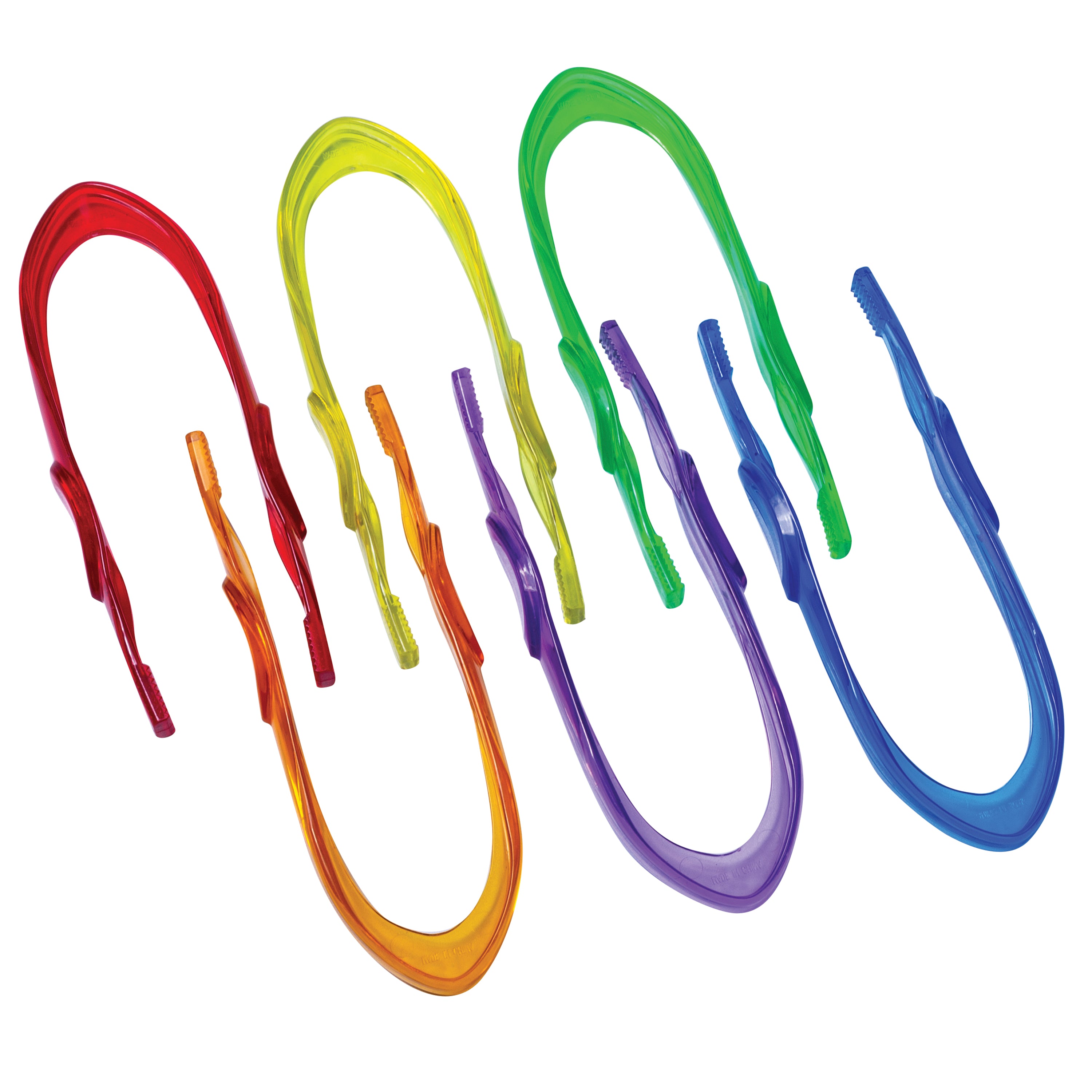 Set of colorful plastic tweezers on a white background