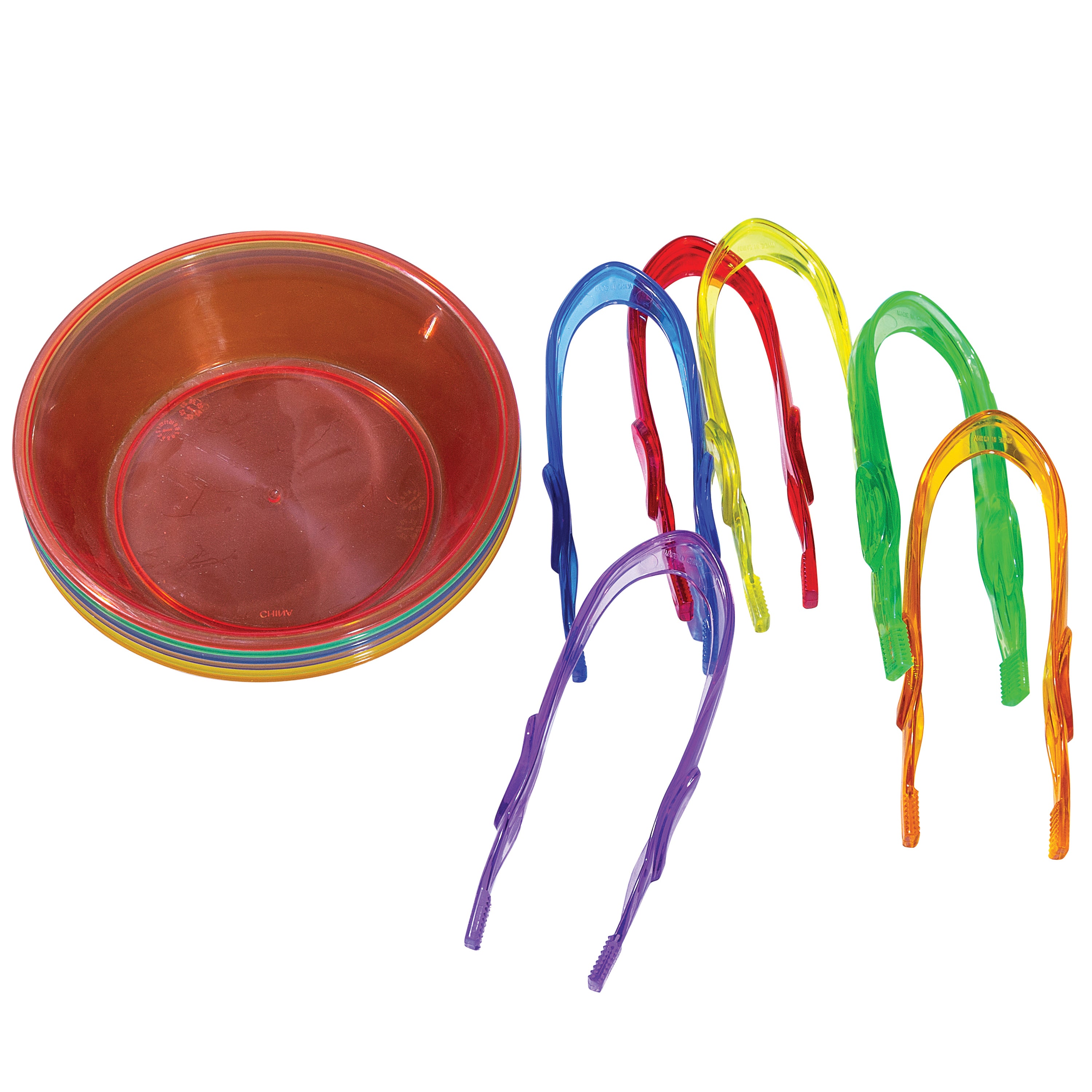 Set of colorful plastic tweezers and bowls on a white background