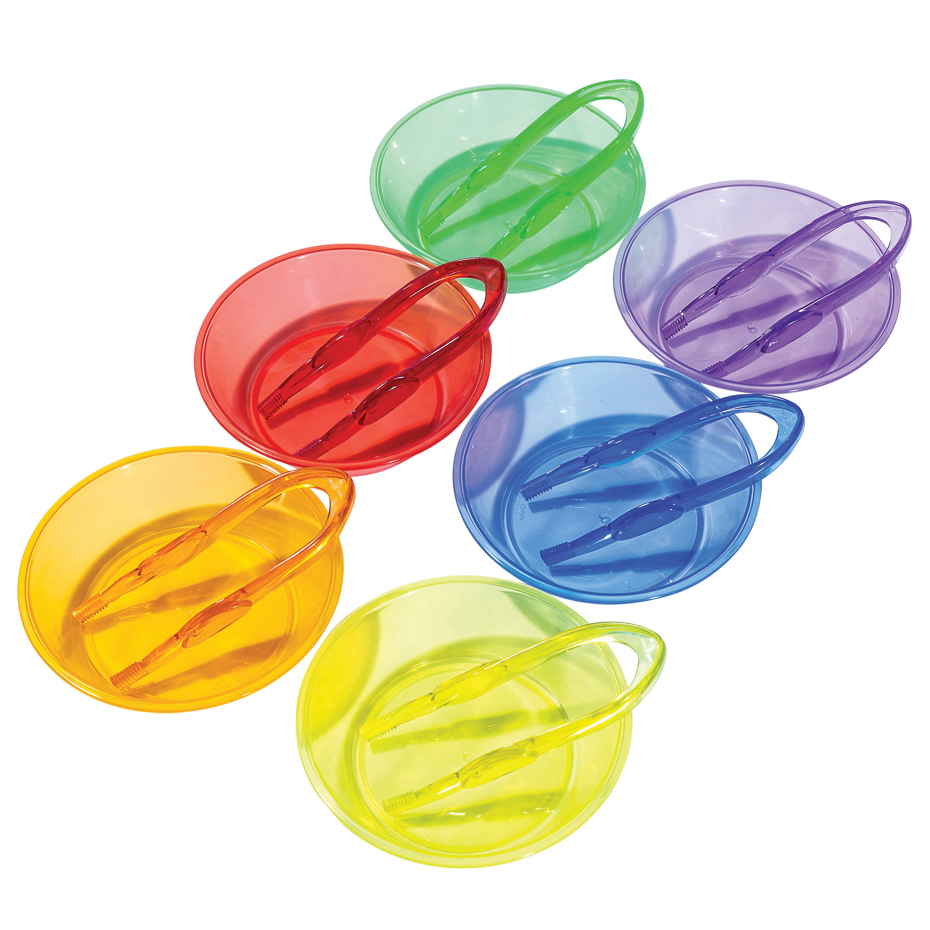 Set of colorful plastic bowls with tweezers on a white background