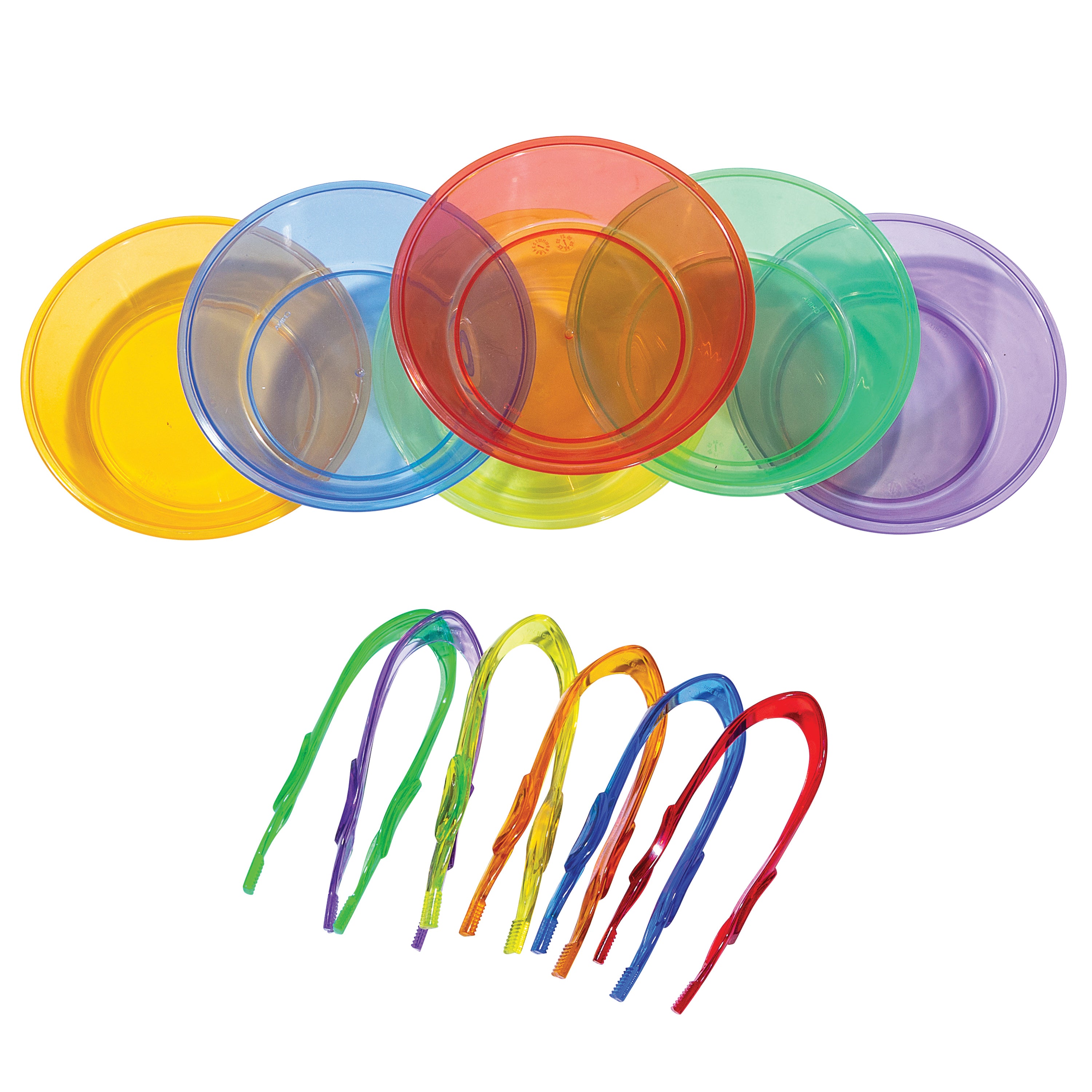 Set of colorful plastic bowls and tweezers on a white background