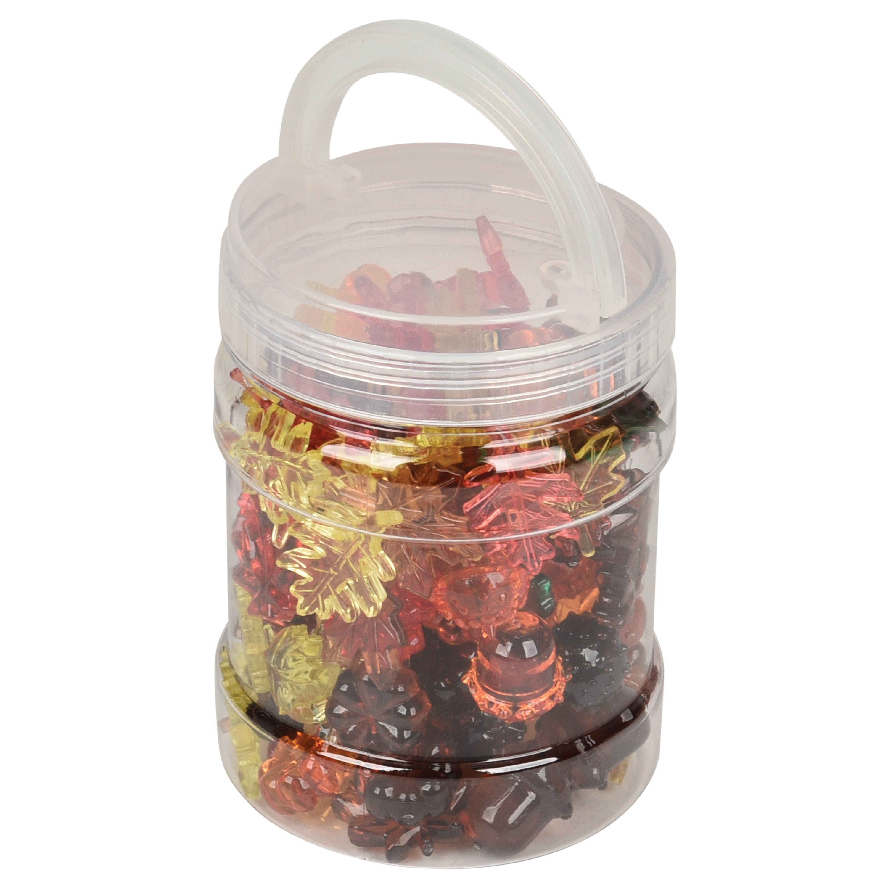 Clear container with fall figurines on a white background