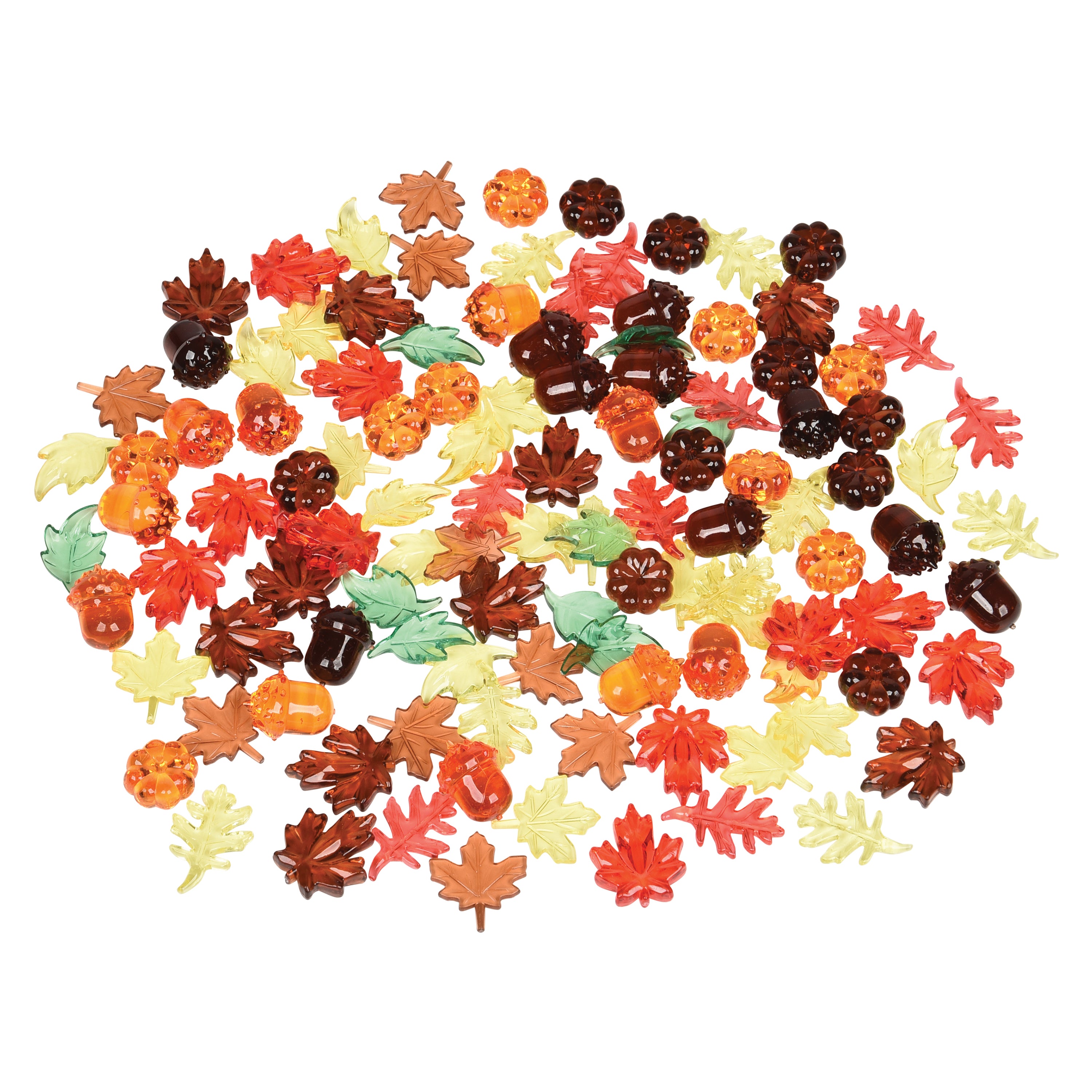 Assorted colorful leaf-shaped figurines on a white background