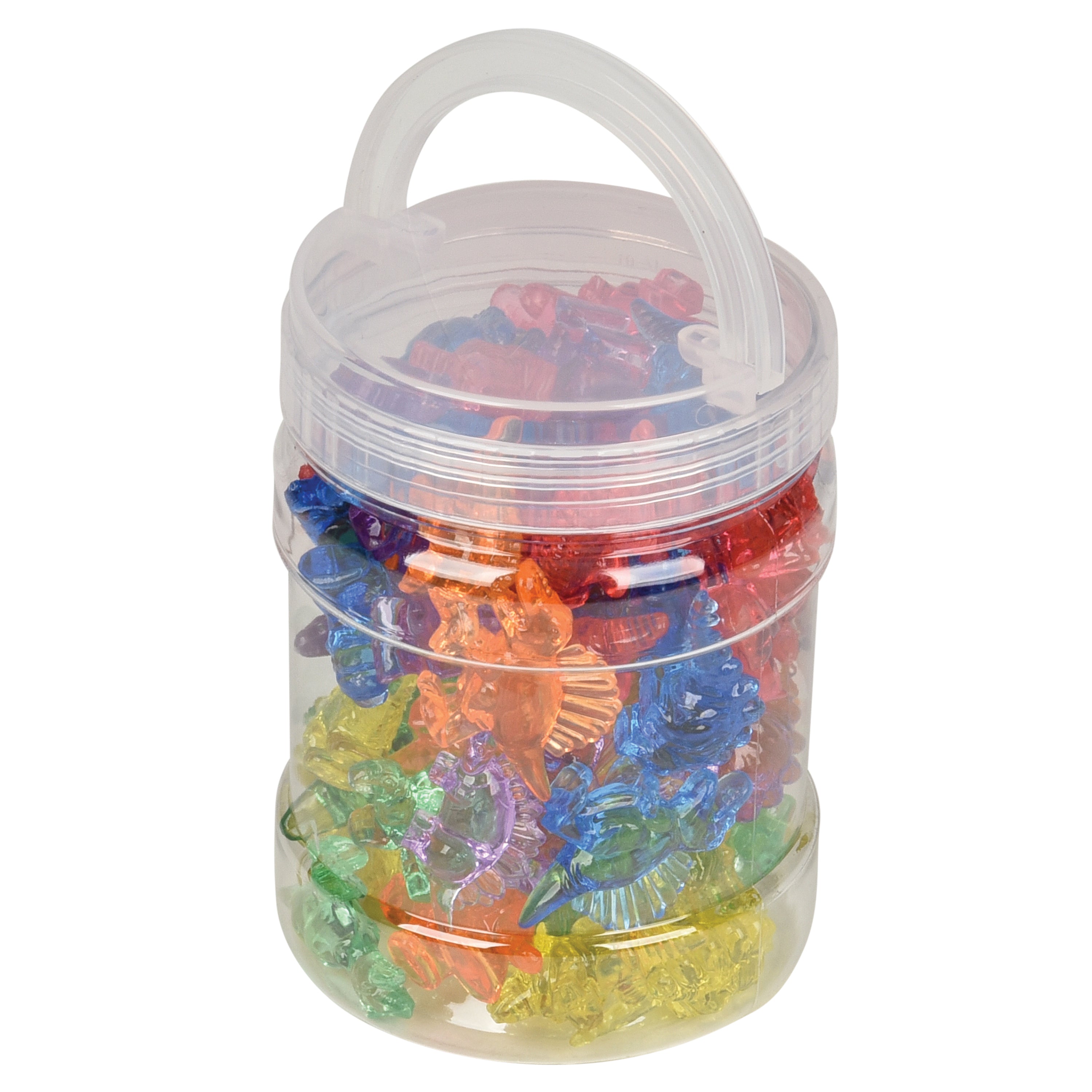 Clear plastic container with colorful dinosaur-shaped objects on a white background