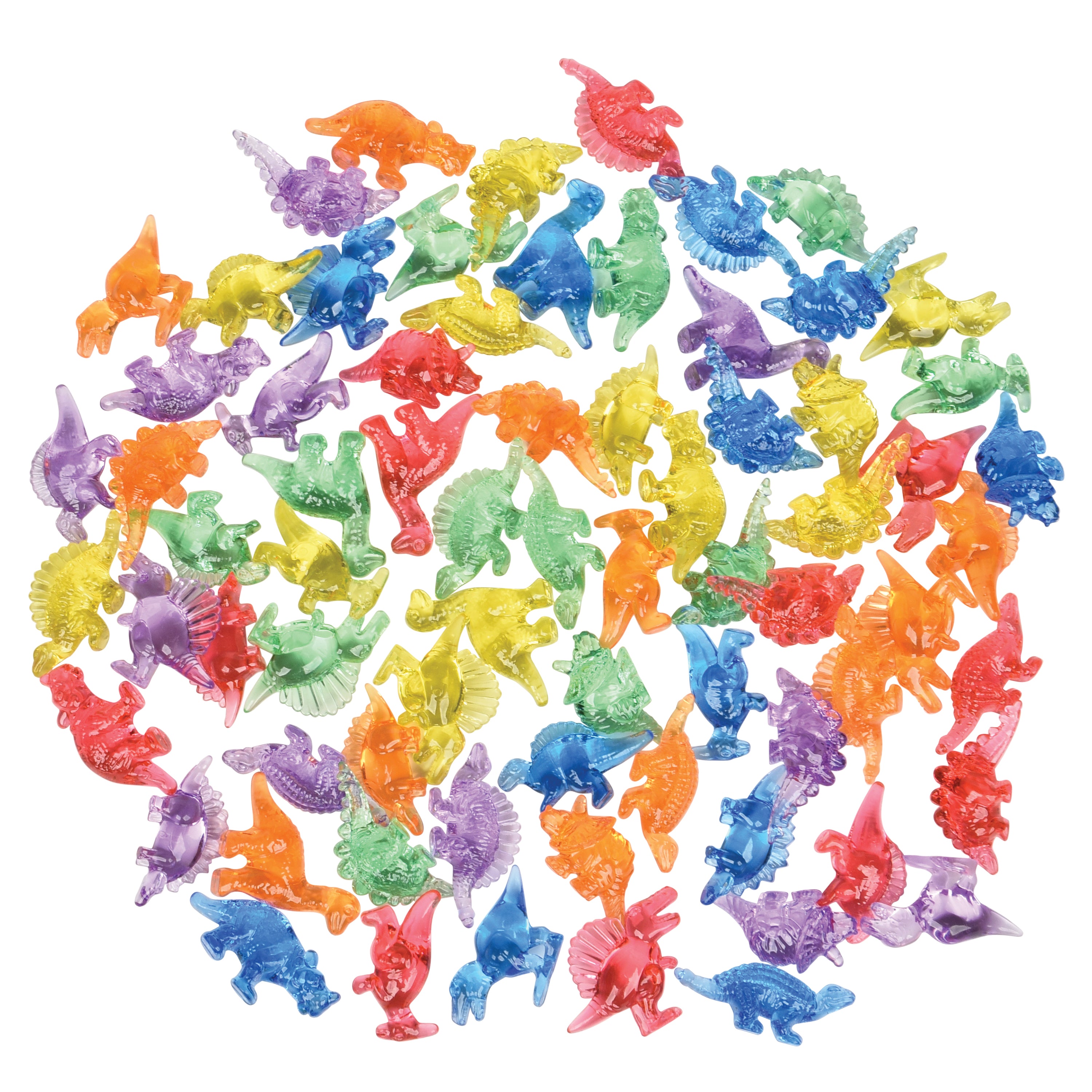 Colorful plastic dinosaur toys scattered on a white background