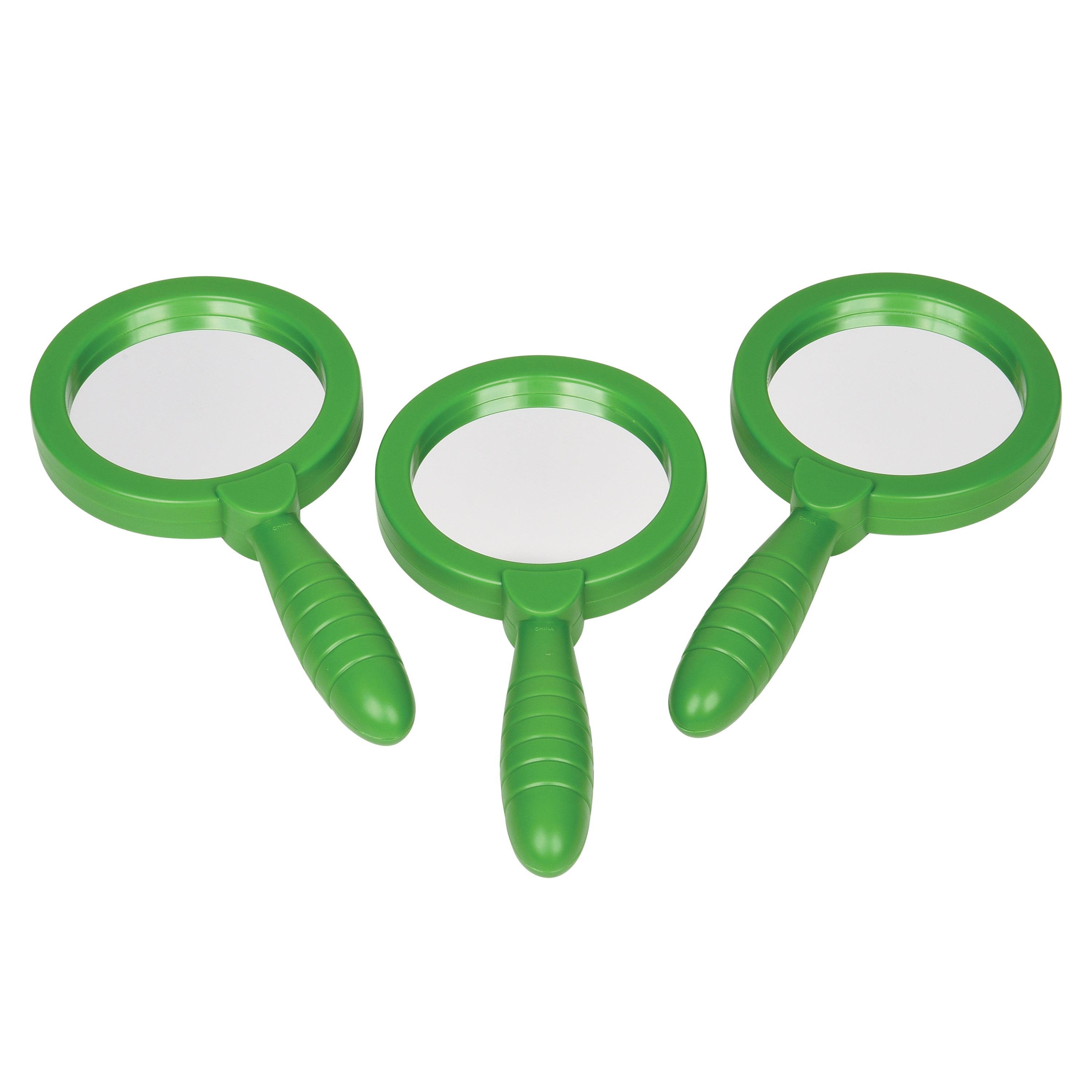 Three green magnifying glasses on a white background
