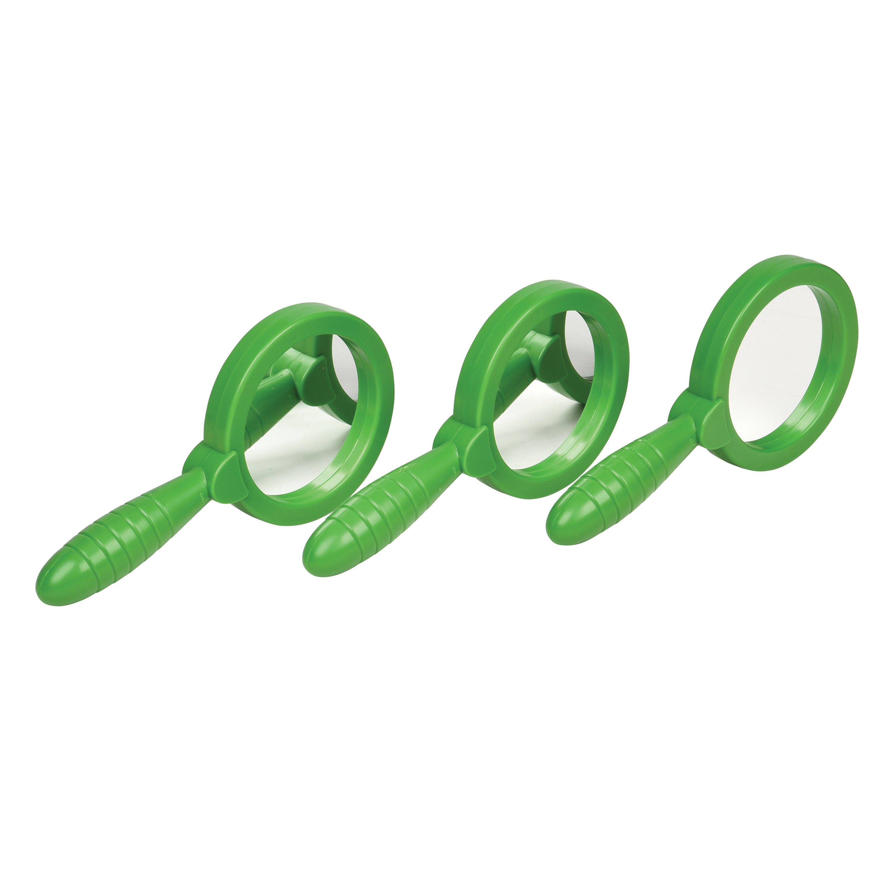 Three green magnifying glasses on a white background