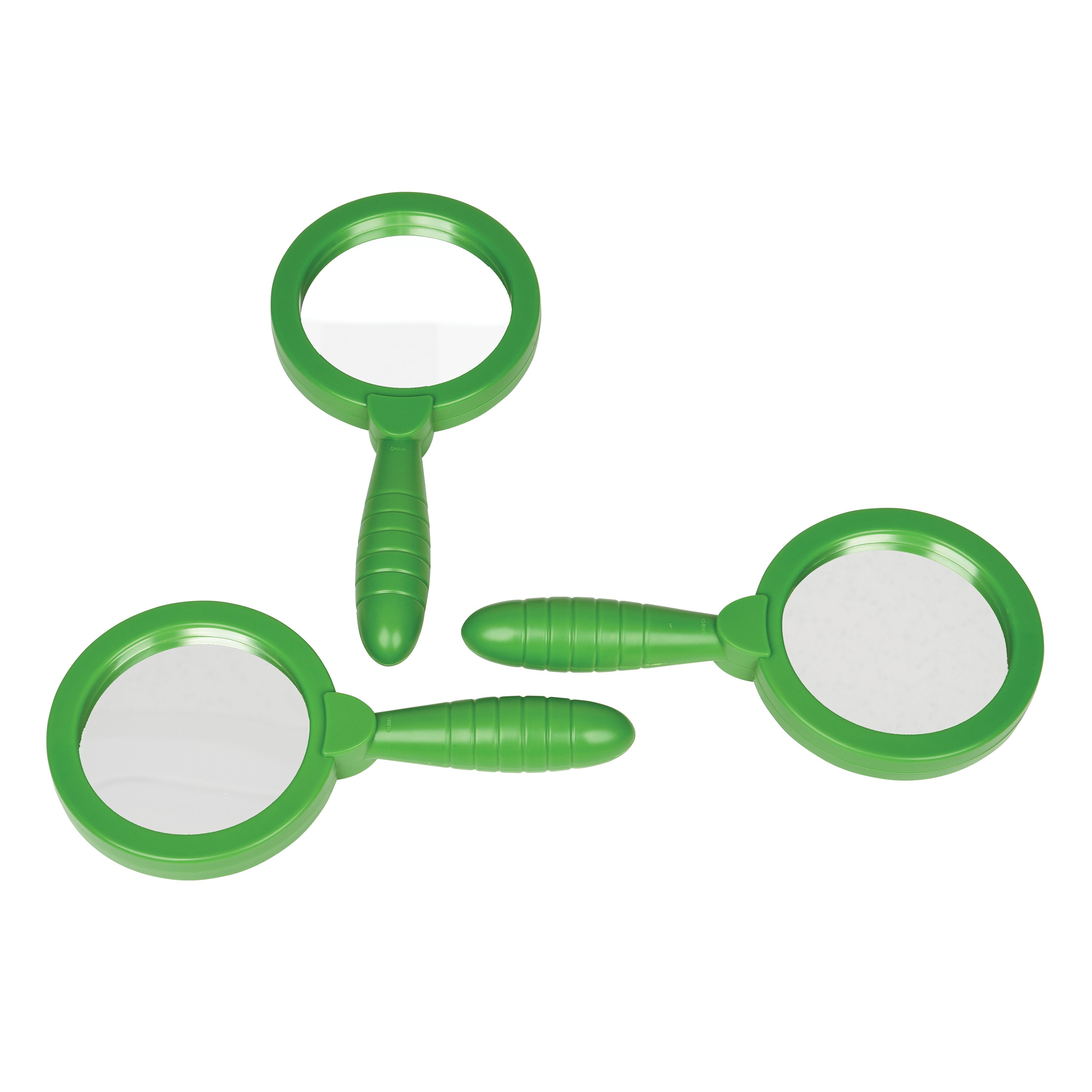 Three green magnifying glasses on a white background