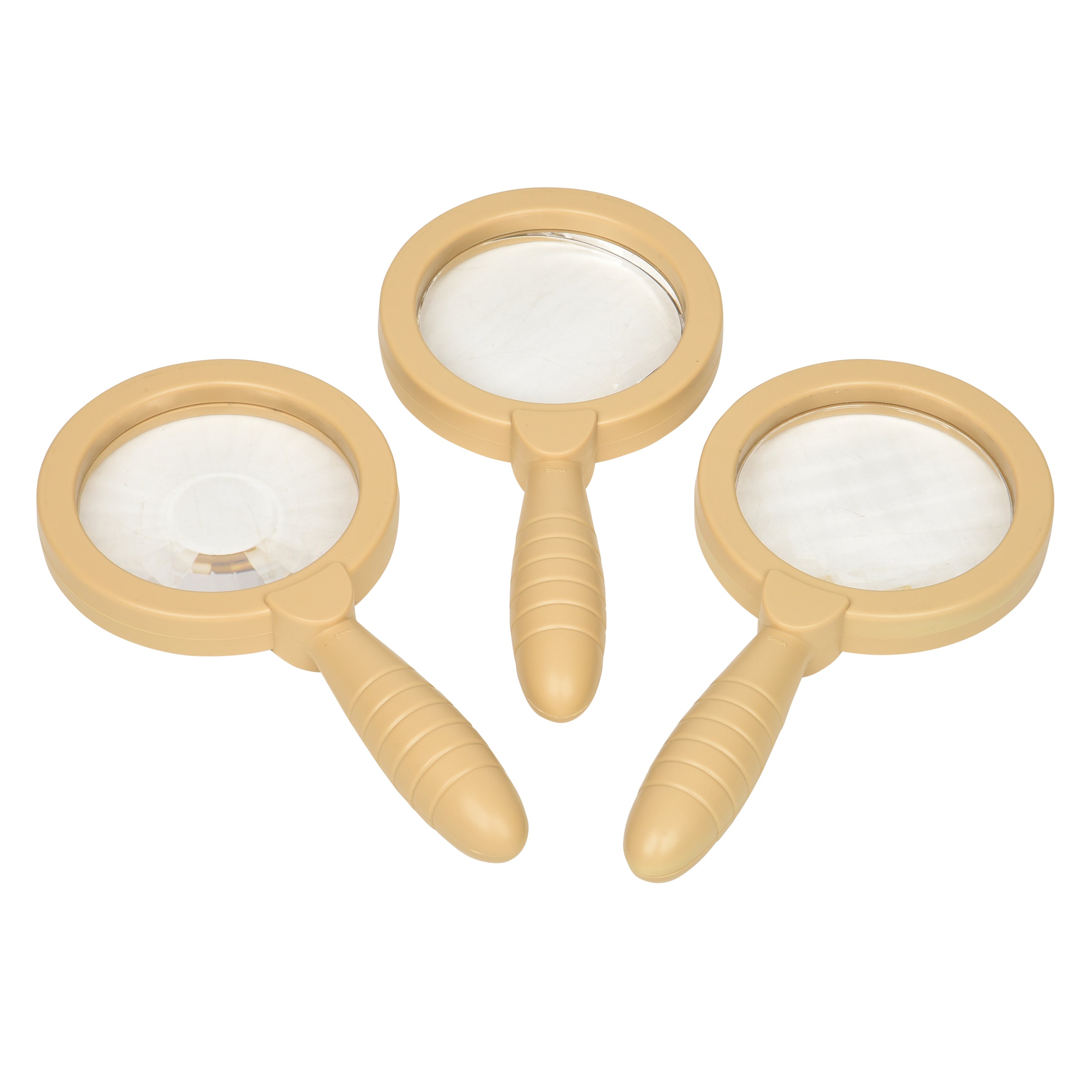 Three beige magnifying glasses with white lenses on a white background