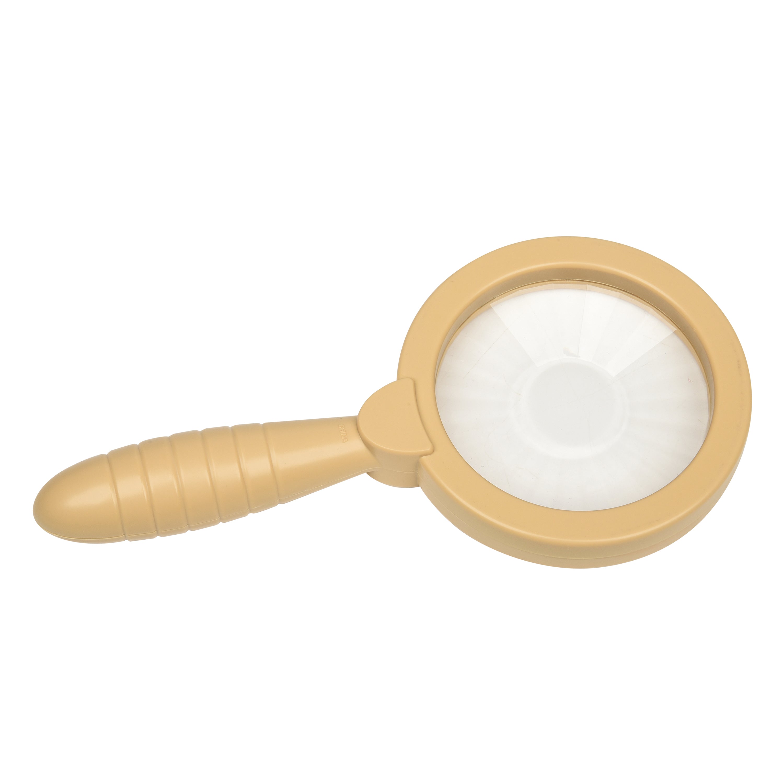 Beige magnifying glass with a white center on a white background