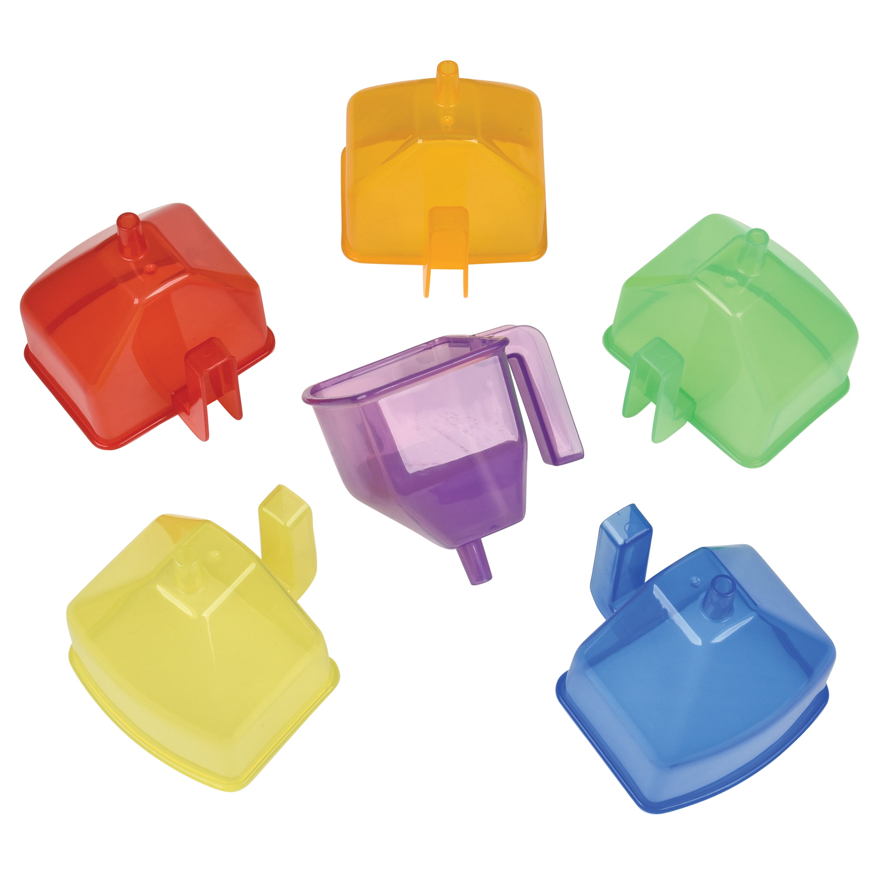 Set of colorful plastic funnels on a white background