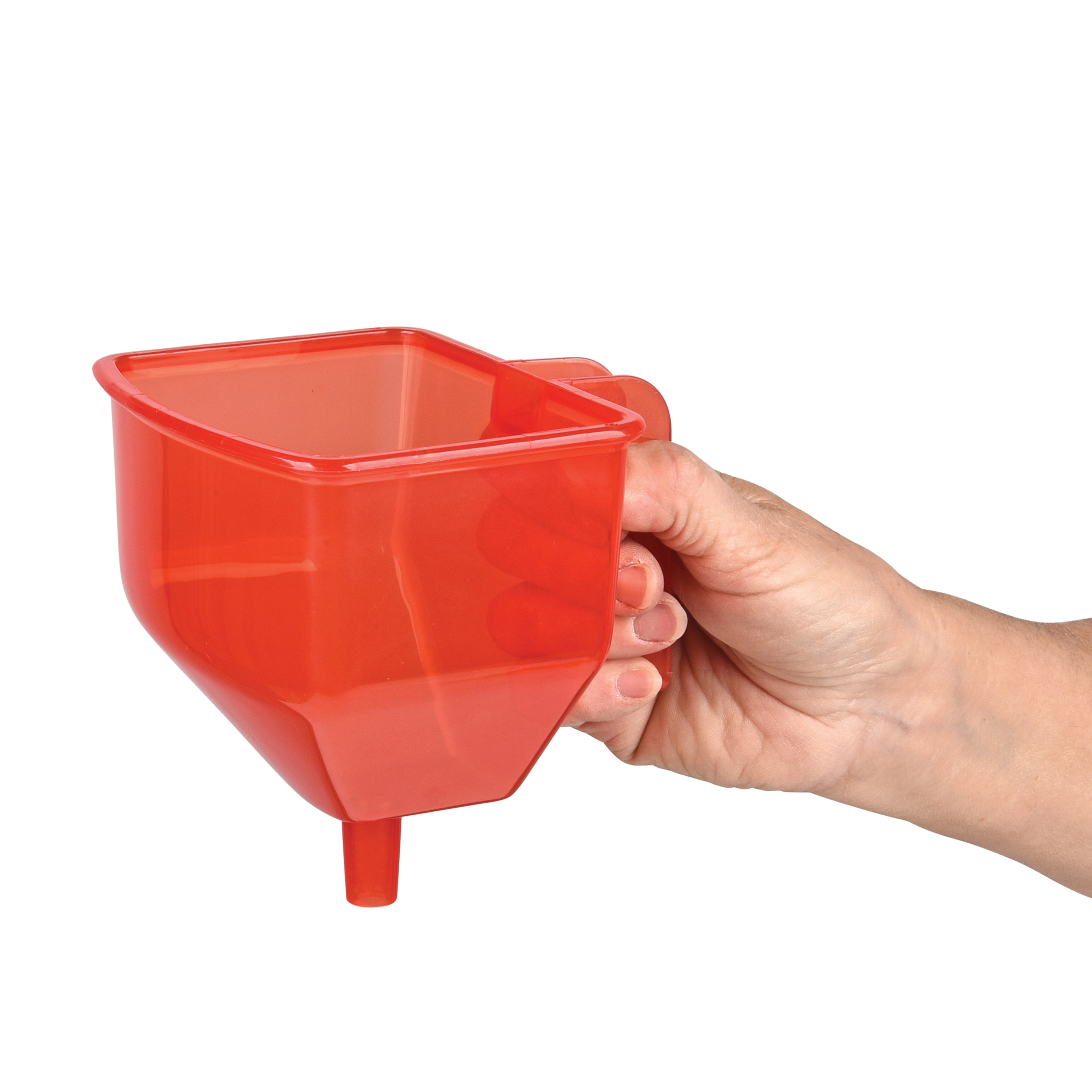 Hand holding a red plastic funnel against a white background